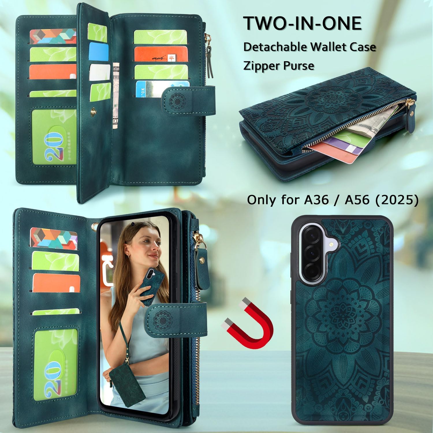 Harryshell Detachable Wallet Leather Case Compatible with Samsung Galaxy A37 / A36 / A56 Magnetic Phone Case Zipper with Cash Coin Pocket Multi Card Slots Holder Wrist Strap (Flower Teal)