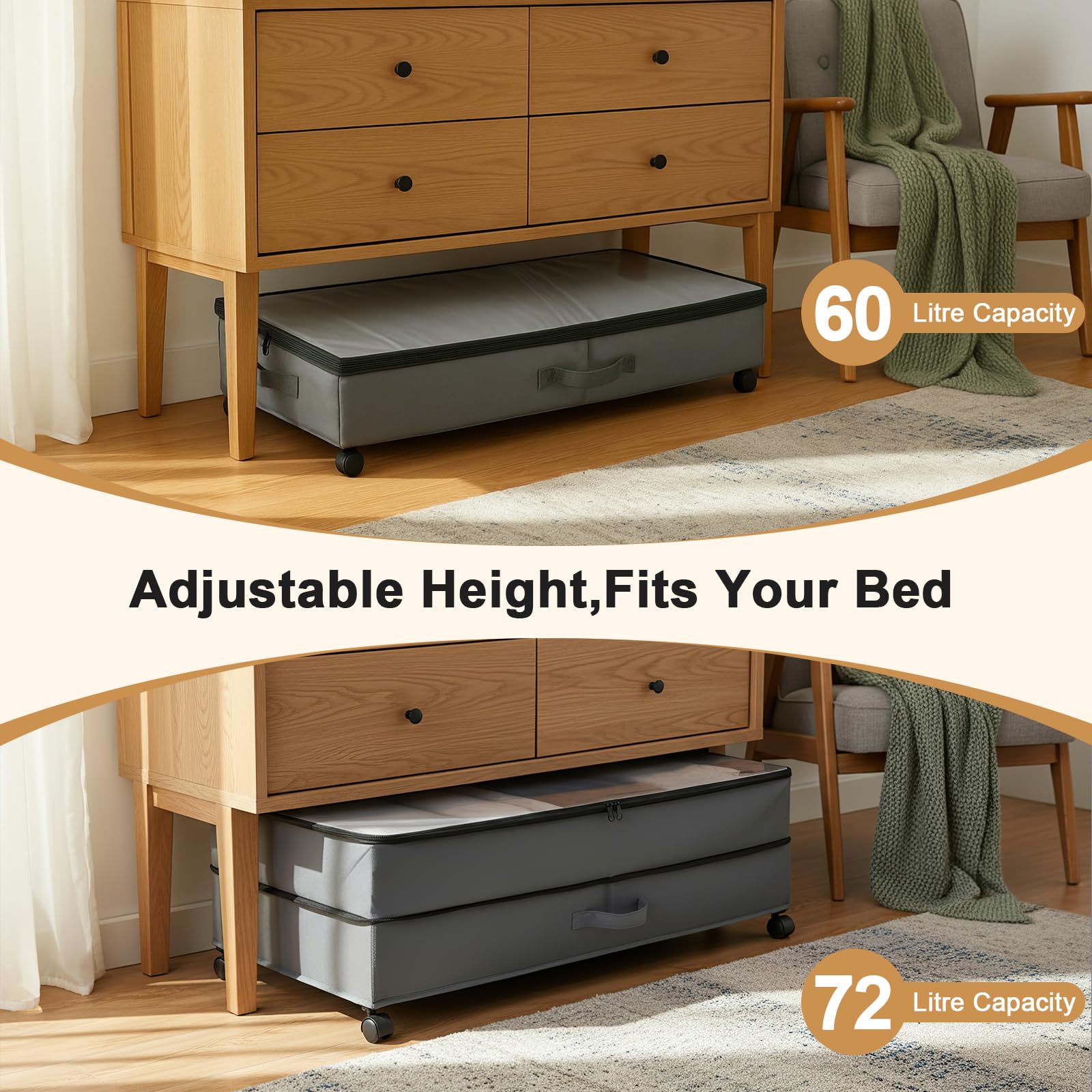 Cassettiera sotto il letto regolabile con ruote, 63 – 90 l, XXL, con 3 maniglie, contenitore con coperchio, in tessuto per vestiti, scarpe, biancheria da letto