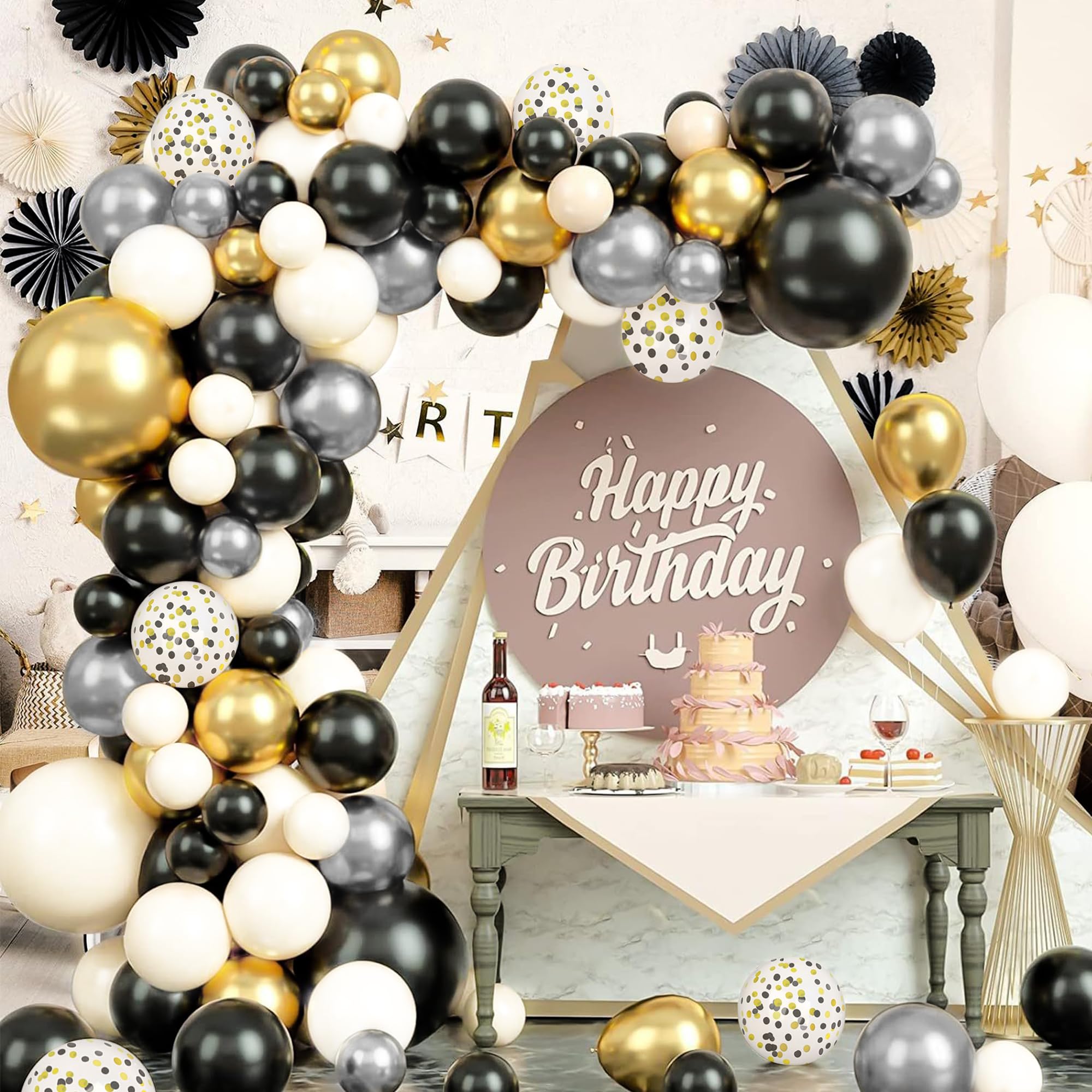 144 PCS Black Gold Silver Balloon Garland Kit - Confetti Balloons For Birthday, Wedding & Party Decorations