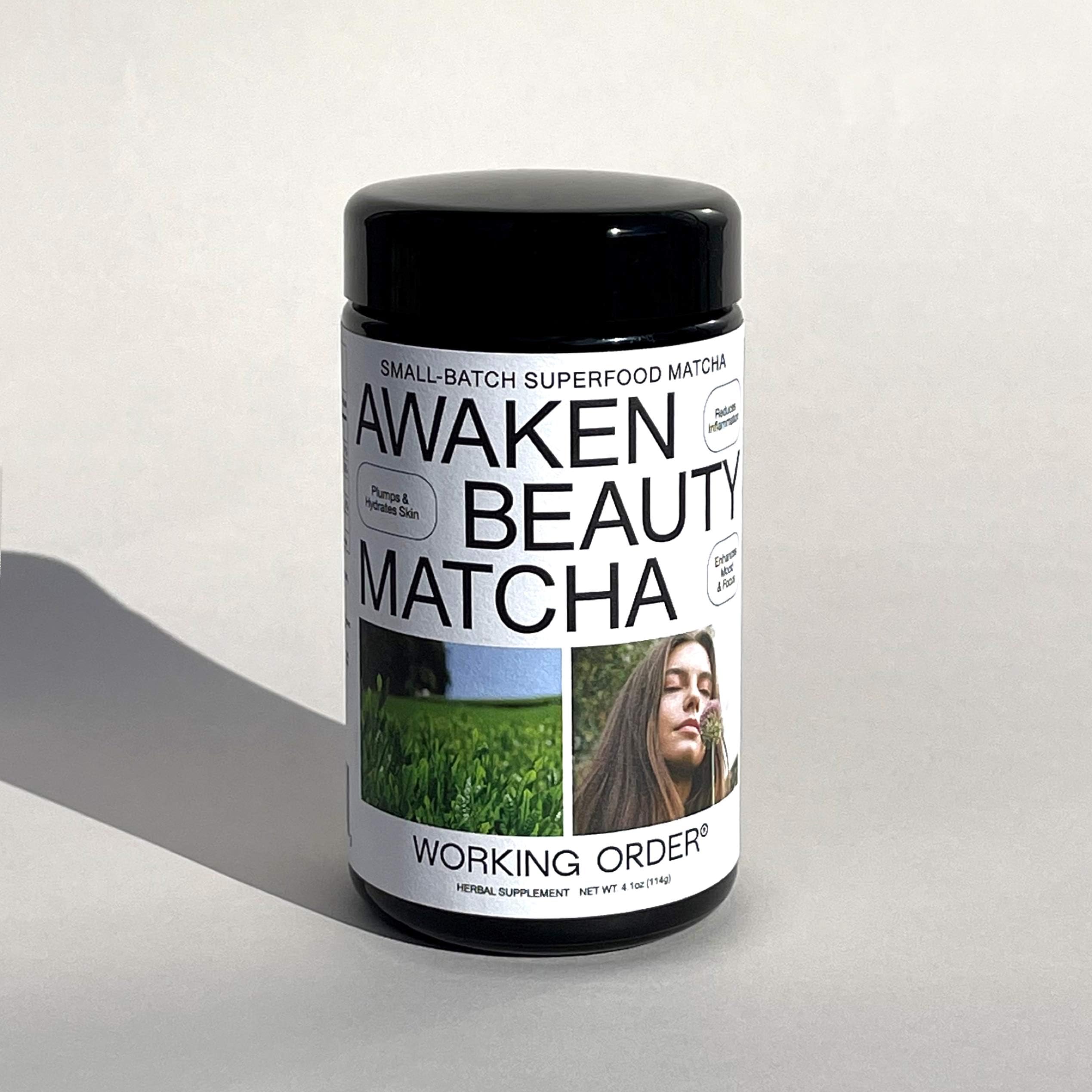 Awaken Beauty Matcha by WORKING ORDER: A superfood matcha designed to improve skin health, with tremella mushrooms, aloe vera, and hyaluronic acid. Small-batch, made in Brooklyn using ceremonial grade matcha from the Uji farm in Japan.