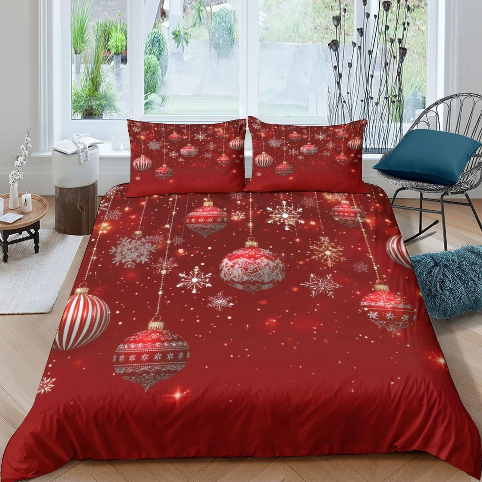 Ctjqhvkz Style-3 3D Printed Christmas Ornament Fitted Sheet Microfiber Red Snowflake Bed Cover Non-Slip Easy Care For Bedroom Guest Room Single（135X200cm）