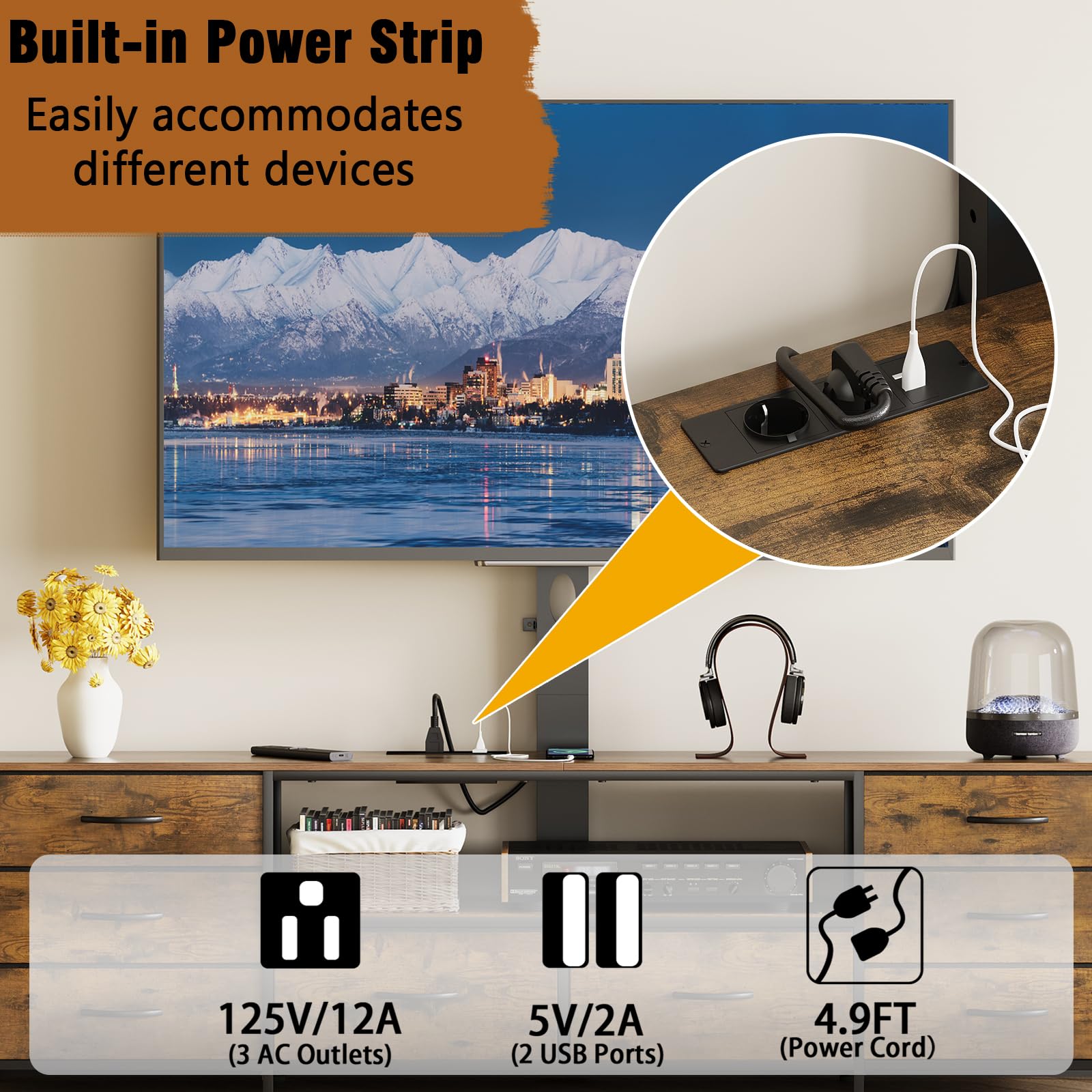 VEDECASA 180 cm TV lowboard con supporto TV, illuminazione a LED e barra delle prese, mobile TV con 8 cassetti in tessuto e vano aperto per dispositivi, tavolo TV industriale per TV da 32–80 pollici