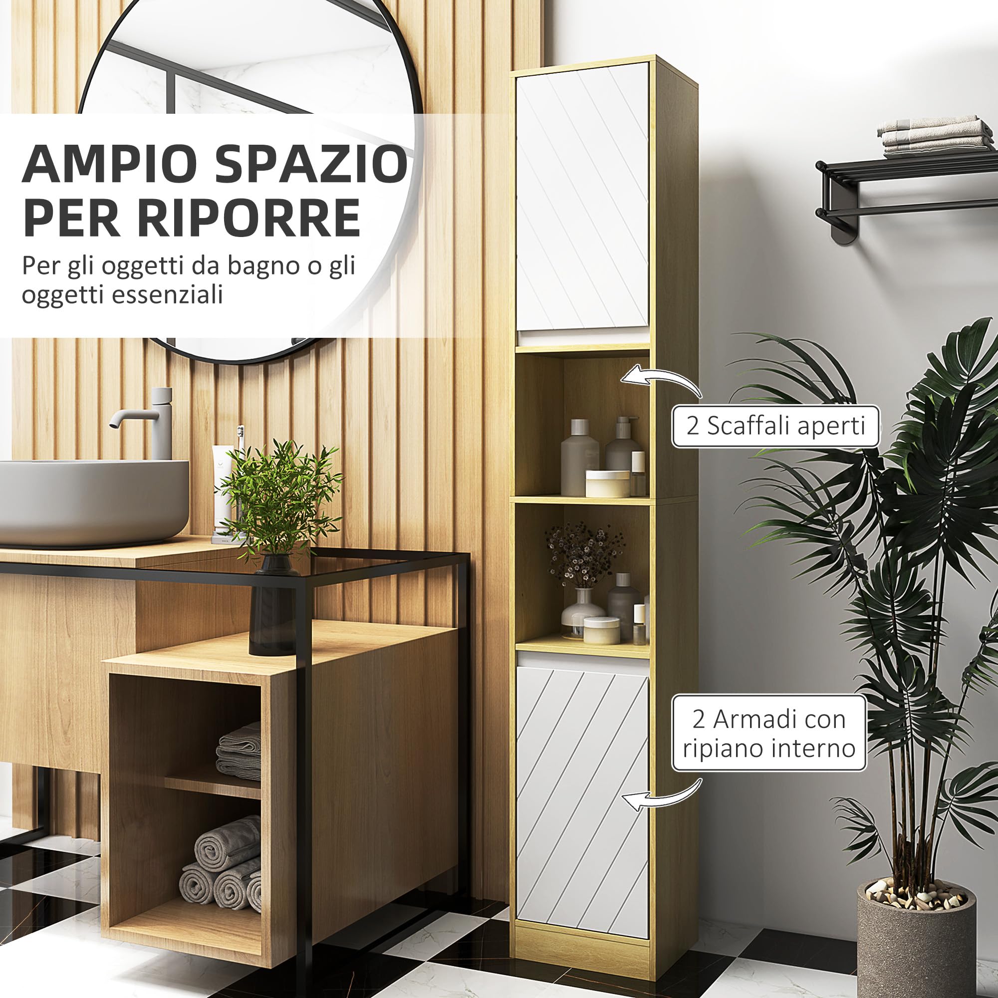 HOMCOM Mobiletto Salvaspazio per Bagno in Legno, Mobile da Bagno con 2 Armadietti e Ripiani Regolabili, Design a Colonna, 30x24x170 cm, Rovere e Bianco