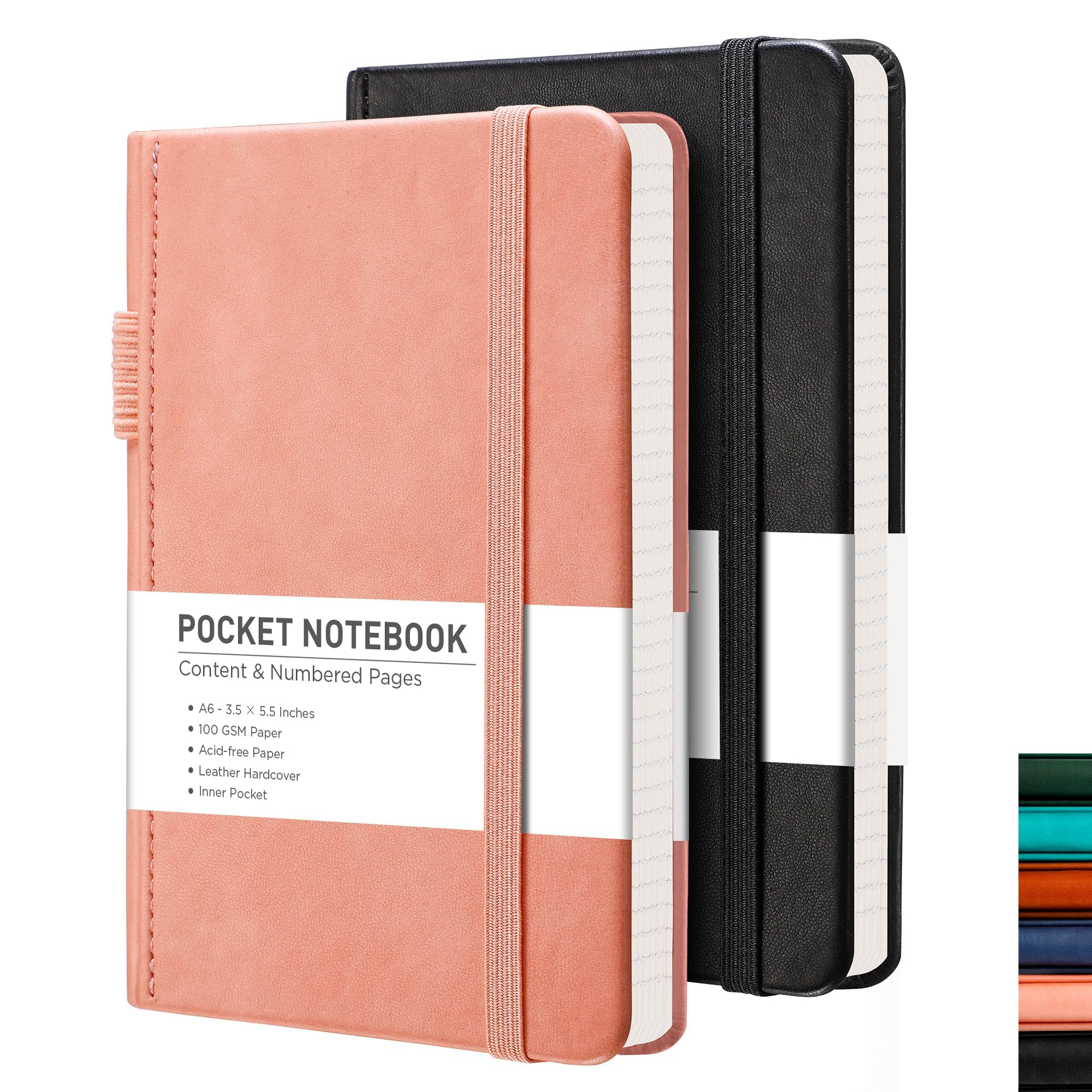 RETTACY Small Notebook 2-Pack - A6 Leather Hardcover Pocket Notebook with 160 Numbered Pages per Pack, College Ruled Notebook, 100 GSM Acid-Free Paper, Inner Pocket, 3.5" × 5.5" (Black & Pink)
