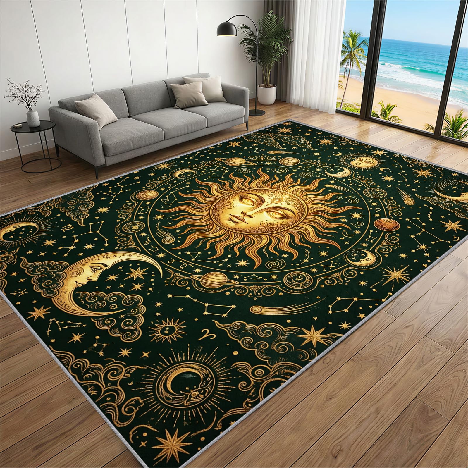 BEQUTIY Bohemian Astrology Celestial Area Rugs for Living Room, Vintage Golden Sun Moon & Zodiac Sign Design Rug, Non-Slip Washable, Mystic Home Decor Carpet for Lounge & Bedroom （160 x 200 cm）