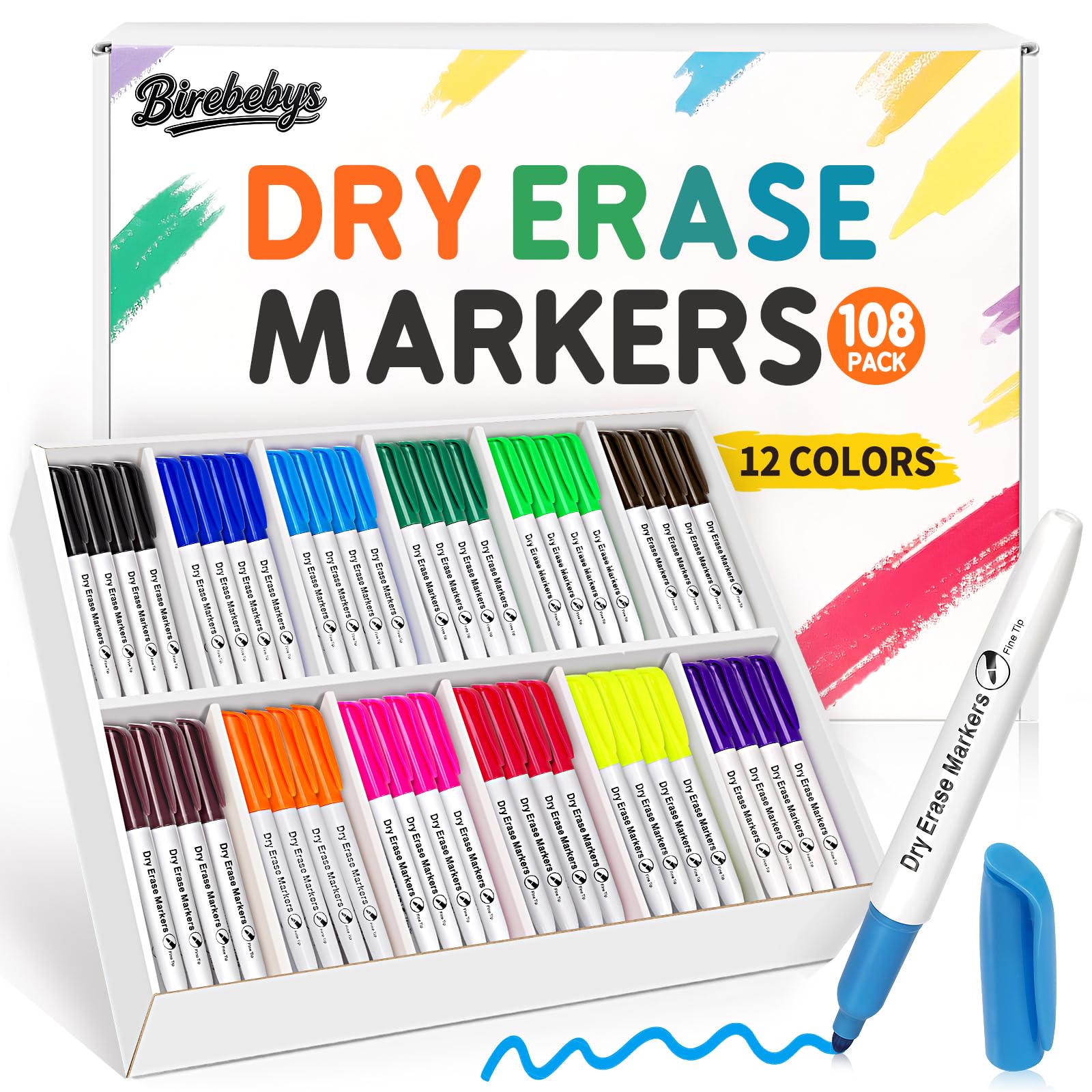 108 Count Bulk Dry Erase Markers Fine Tip Whiteboard Markers 12 Vibrant Colors Back to School Classroom Supplies
