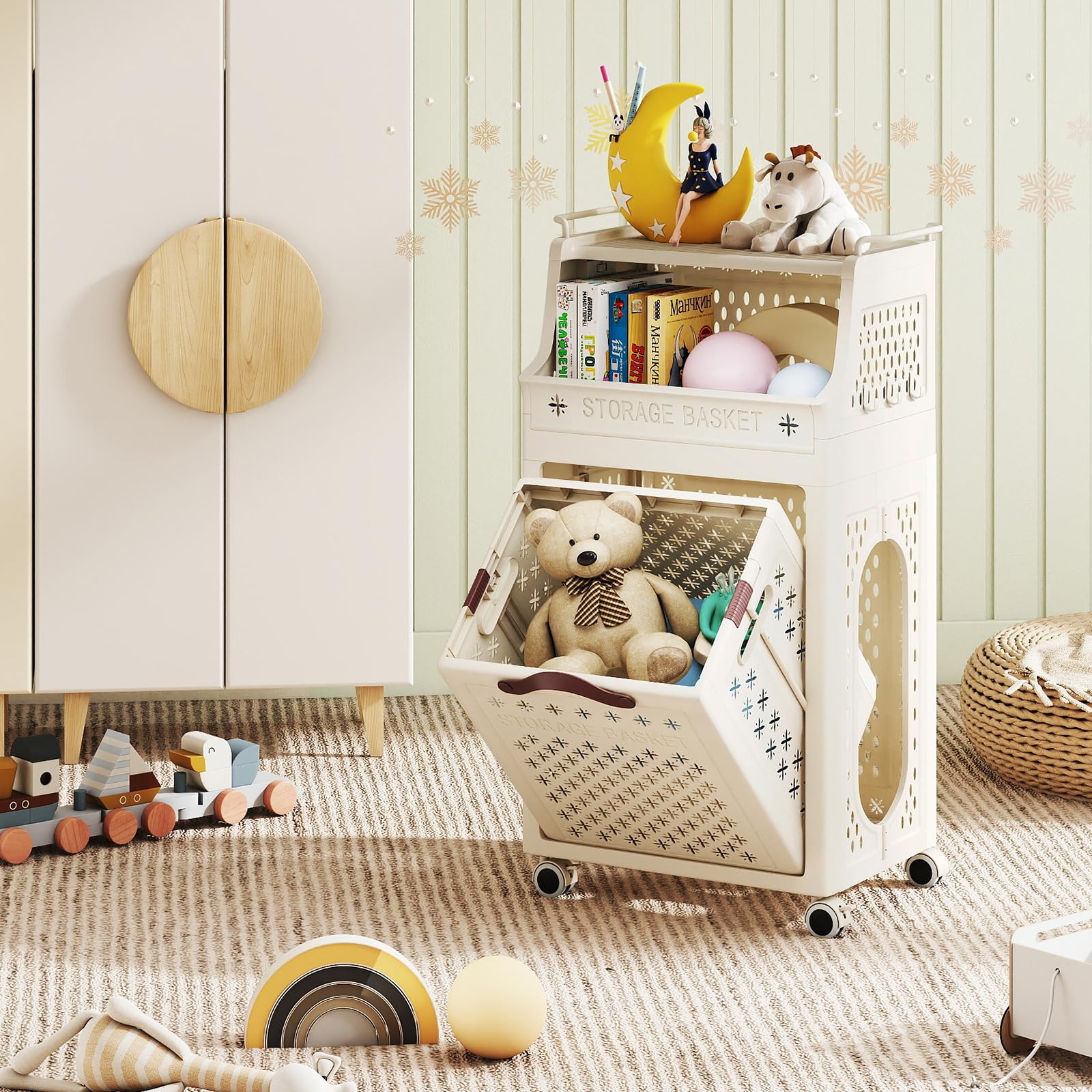 LIFEZEAL - Carrito de lavandería plegable de 3/4 niveles, cesta de ropa con ganchos, ruedas, carrito de almacenamiento móvil para lavandería, cuarto de baño, dormitorio (Beige2, 3 niveles sin barra de