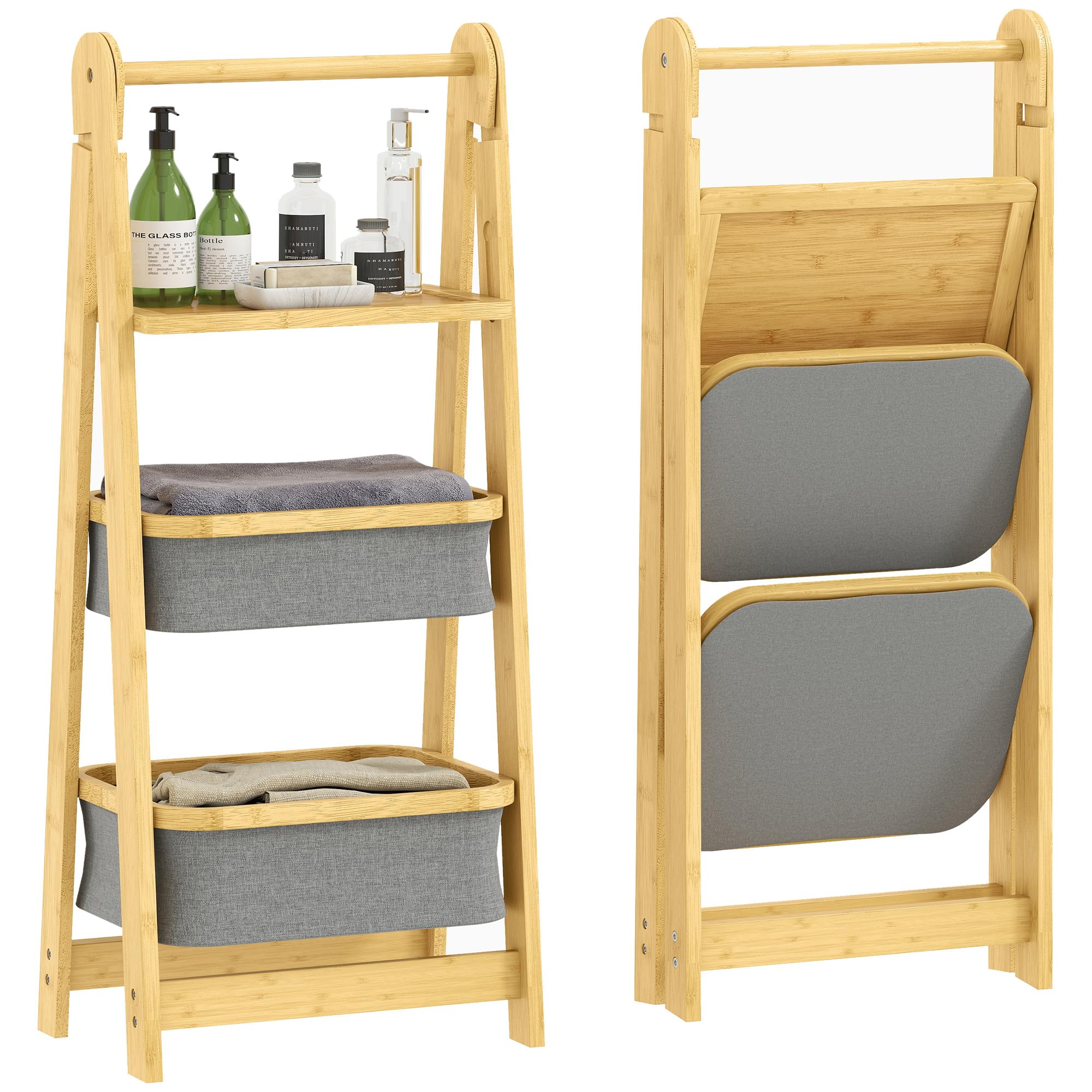 HOMCOM Estantería para Baño Plegable de Bambú, 2 Cestos Ropa Sucia, Gris