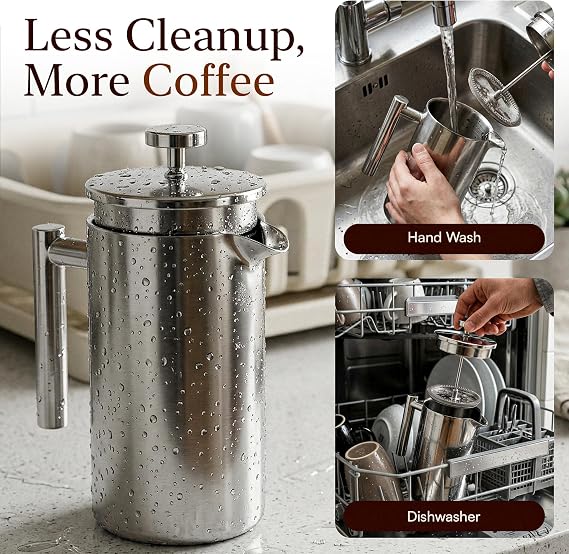 French Press | 1 Litre | 8 Cups Cafetiere Doubled Walled Portable Stainless Steel Coffee Press for Home, Travel & Camping with 3 Extra Filters