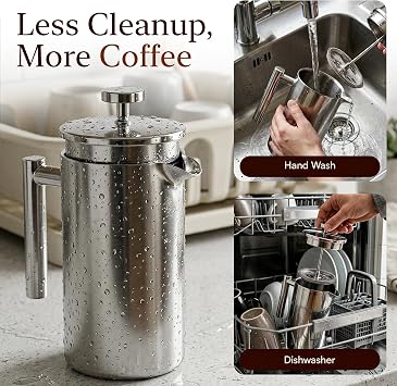 French Press | 1 Litre | 8 Cups Cafetiere Doubled Walled Portable Stainless Steel Coffee Press for Home, Travel & Camping with 3 Extra Filters