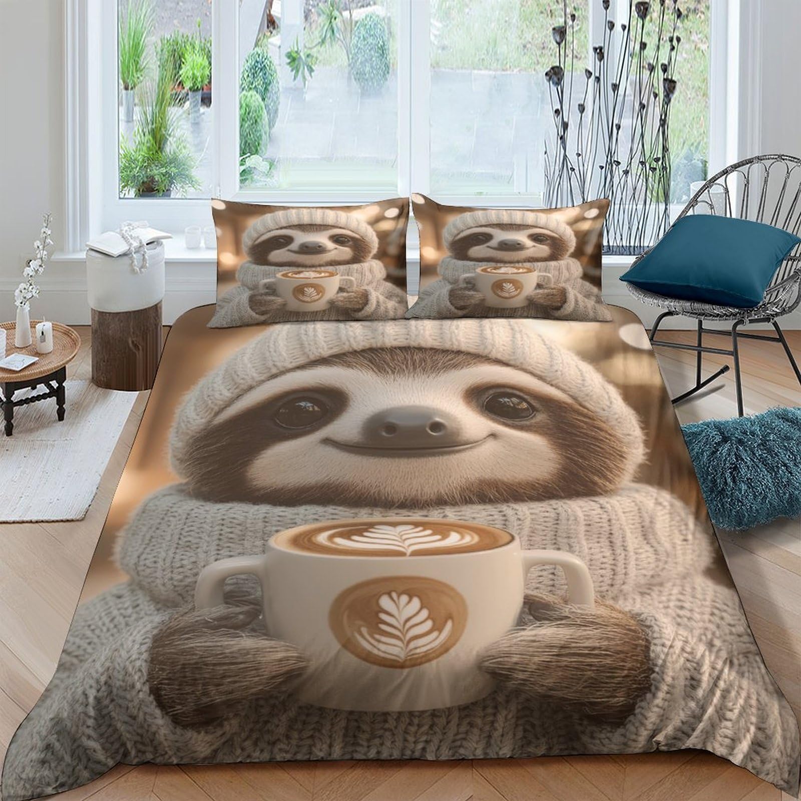 Ctjqhvkz Style-8 3D Printed Sloth Coffee Fitted Sheet Microfiber Anti-Slip Cute Animal Bed Cover For Bedroom Guest Room Easy Care Single（135X200cm）