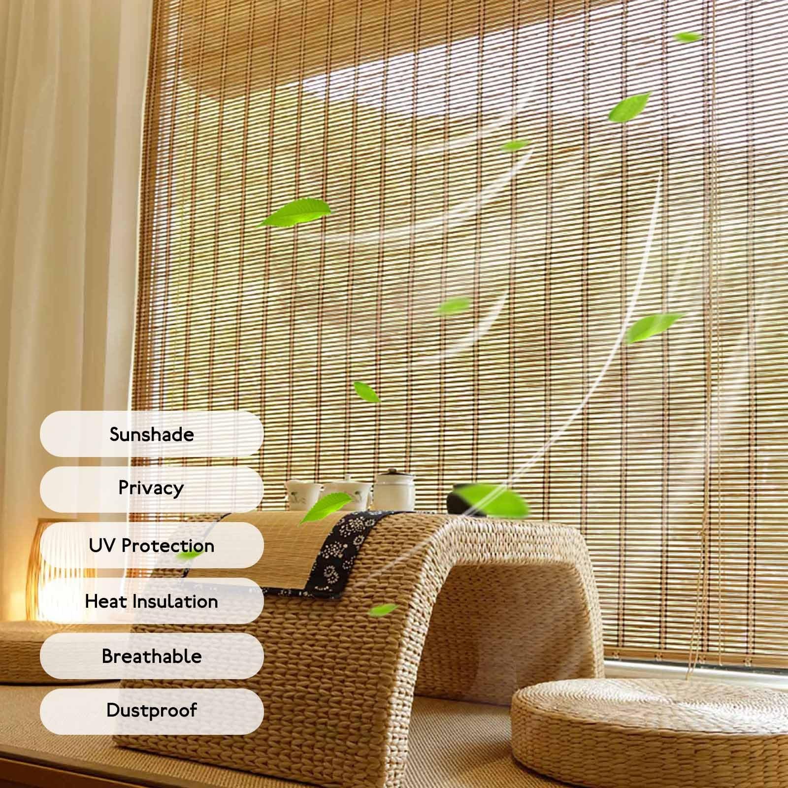 Store Bambou Intérieur Exterieur Rideau Store Enrouleur Protection UV Isolation Thermique Respirants Stores Venitien Bois Pour Chambre/Bureau/Jardin/Terrasse Personnalisables 45-180cm(W100xH200cm)