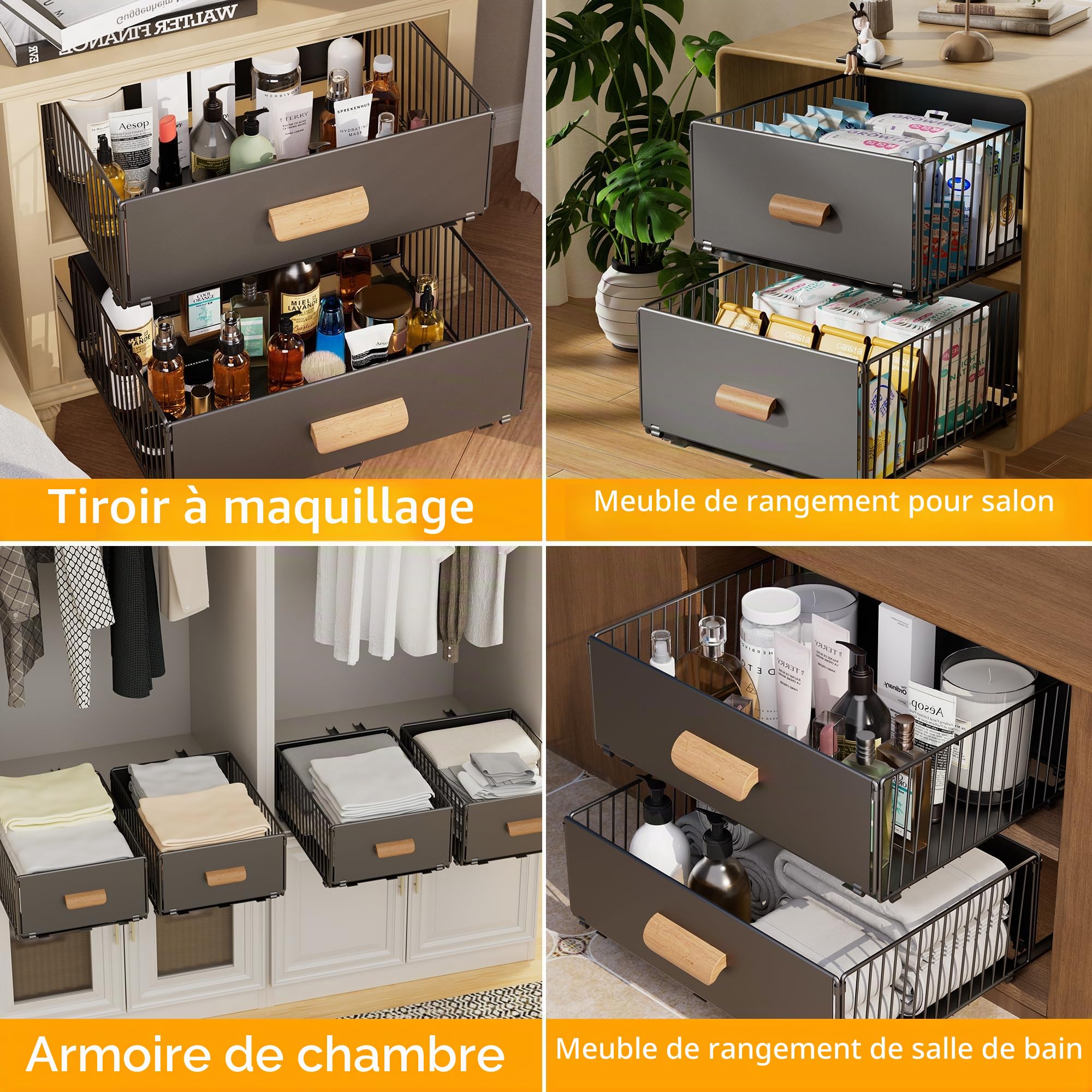 Paquet de 2 Tiroir Coulissant Cuisine Adhesif, Organisateur de Tiroirs | Bac Coulissant Placard Cuisine, Organisateur D'Armoires De Cuisine Pour Armoires de Cuisine, Aucun PerçAge ni Clouage Requis