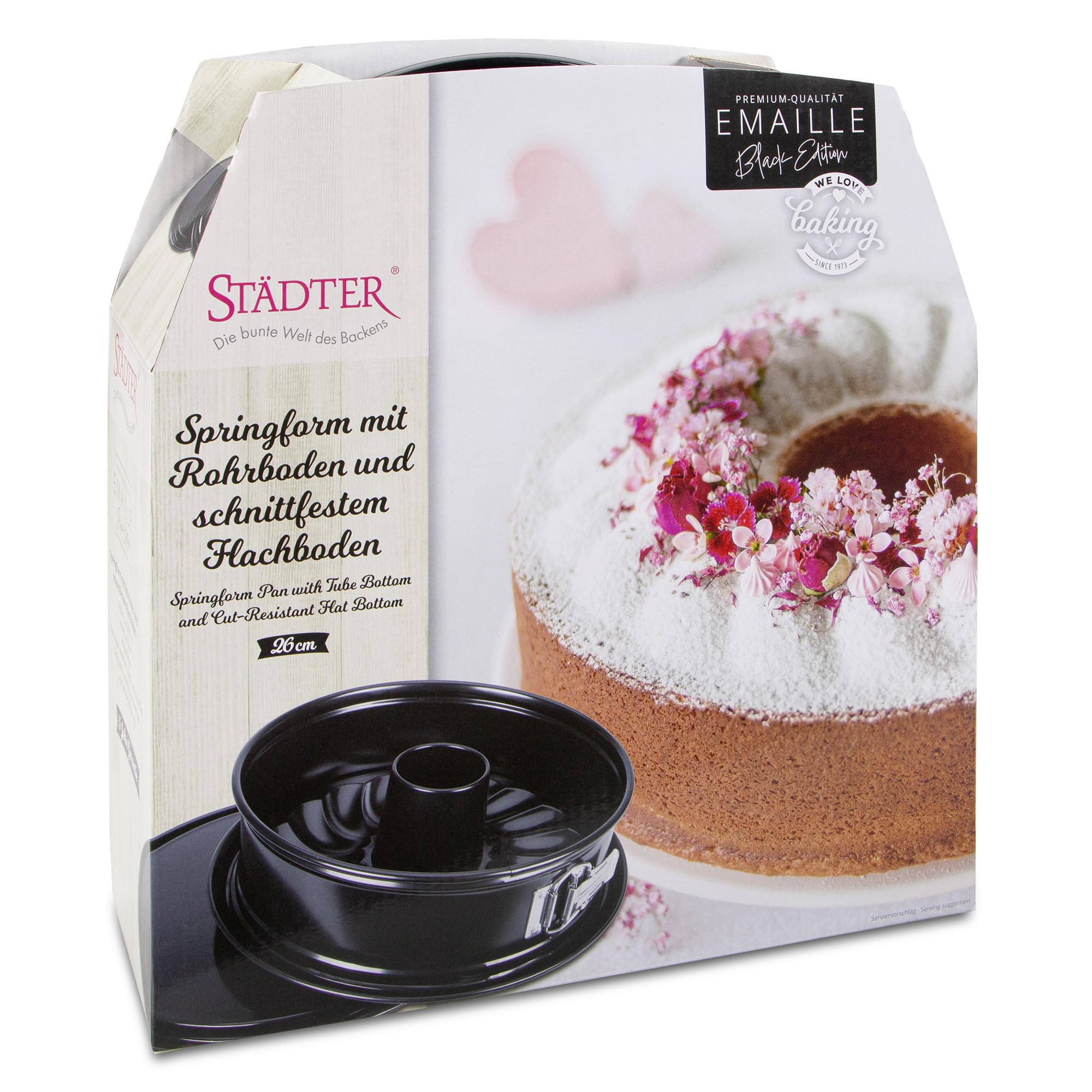 Städter we love baking Springform EMAILLE mit Flach- und Rohrboden, Black Edition, ø 26 cm, schnitt- und kratzfest, nicht spülmaschinengeeignet, Antihaftbeschichtung | t Flach-, Rohrboden