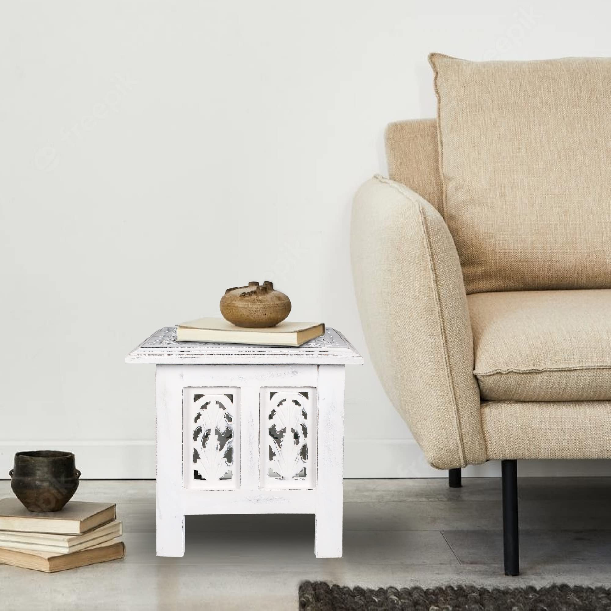 topfurnishing Antique Effect Square Carved Wooden Bedside Lamp Table Side End Coffee Tables (White, Medium 38x38x39cm) — image 1