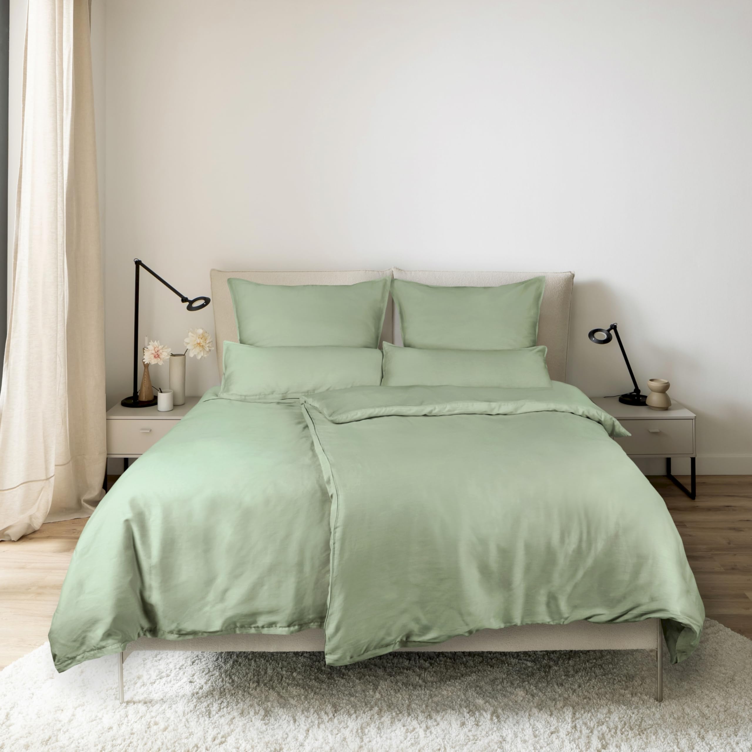 SCHÖNER WOHNEN Satin Bettwäsche 155x220 Baumwolle Grün - Luxus Bettwäsche-Set 2teilig - weich & atmungsaktiv - 1x Bettwäschebezug & 1x Kopfkissenbezug 80x80cm Frühling Duvet Cover Set - ÖKO-TEX