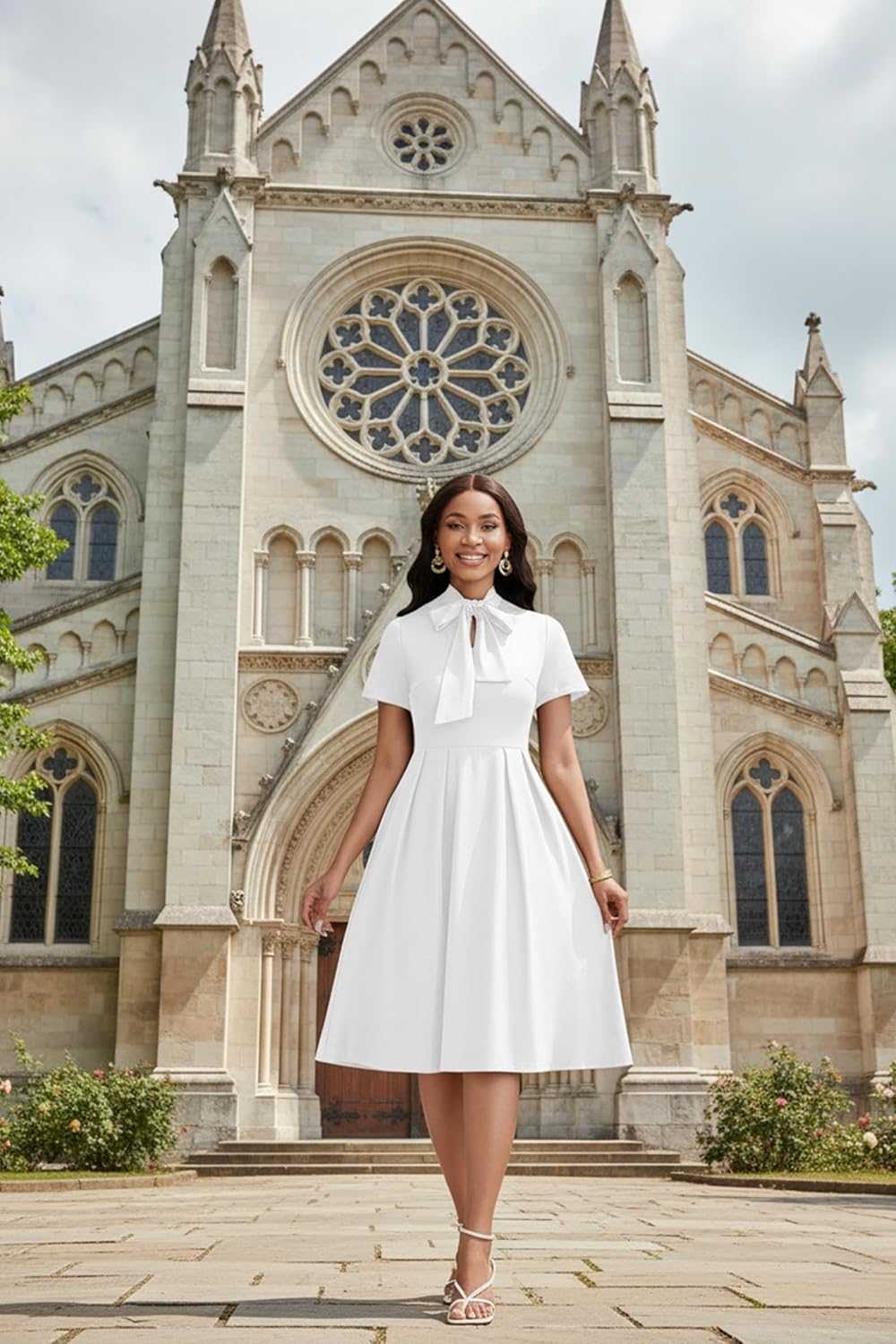 FANDEE Midi Dress for Women Casual Short Sleeve A-line Semi Formal Fit and Flare Dress Classy Tie Neck Work Business Dresses - Image 3