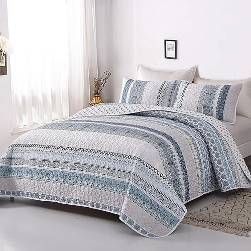 Miniatura 2 de WONGS BEDDING Juego de edredón bohemio tamaño matrimonial, juego de edredón bohemio azul claro de 3 piezas, juego de ropa de cama ligero de verano