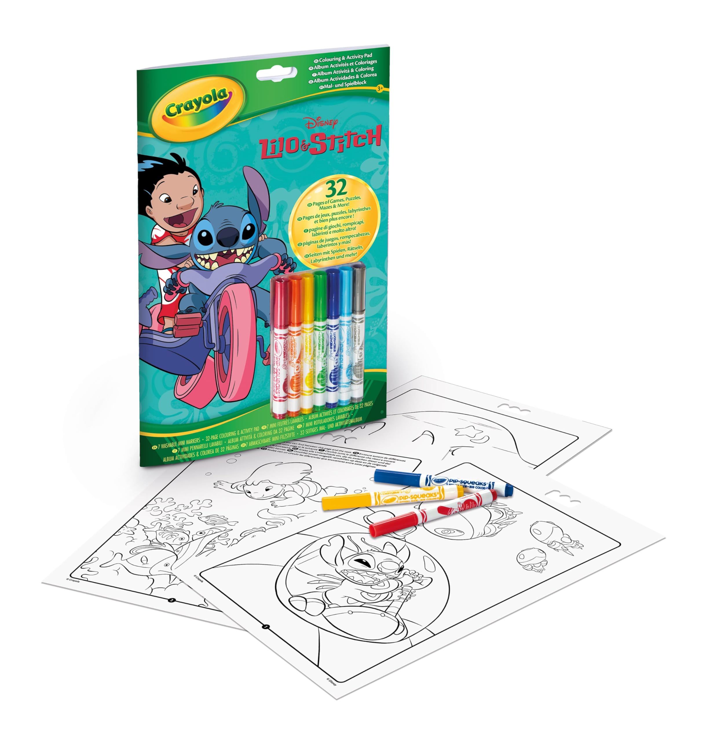 CRAYOLA Lilo & Stitch Colouring and Activity Pad | Includes 32 Colouring Pages and 7 Mini Washable Markers | Arts & Crafts for Kids Ages 3+