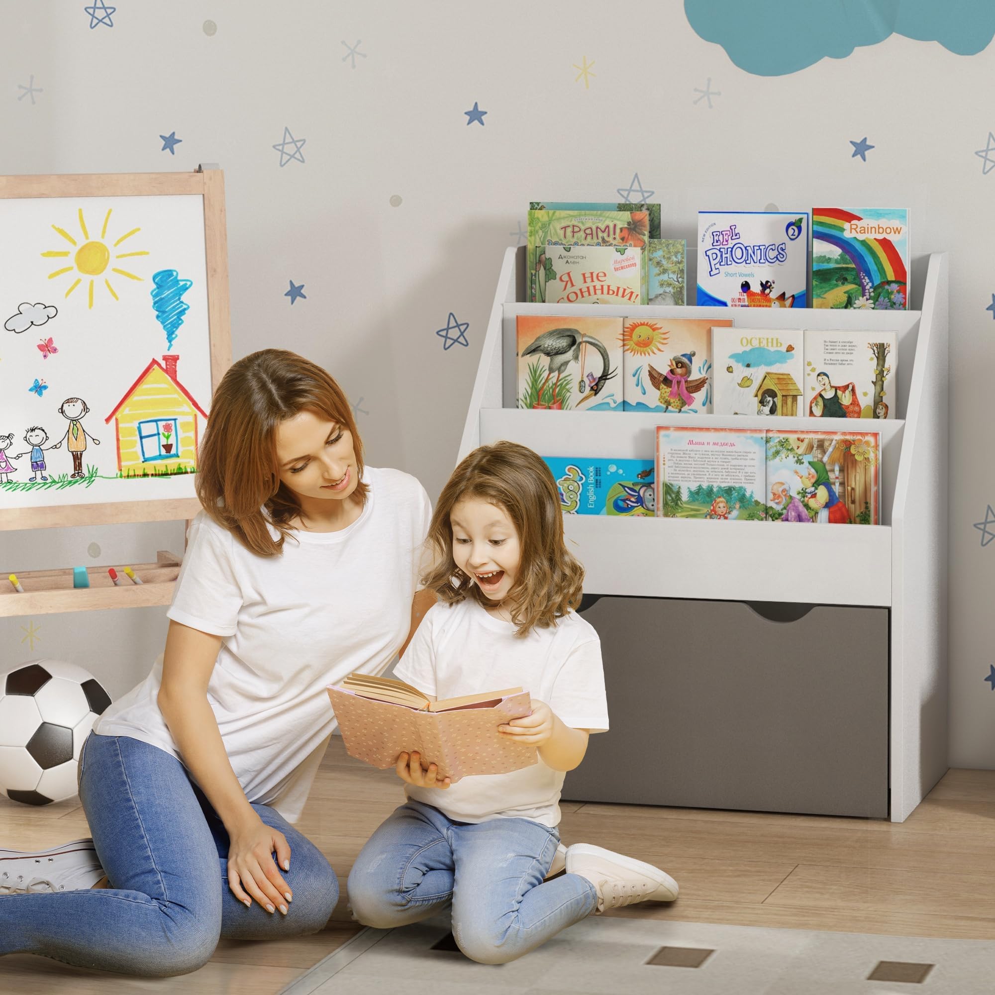 AIYAPLAY Bücherregal für Kinder, 62,5 x 30 x 70 cm (L x B x H), Grau und Weiß | Für Bücher und Spielzeug, multifunktional, 3 Regalebenen, Schublade