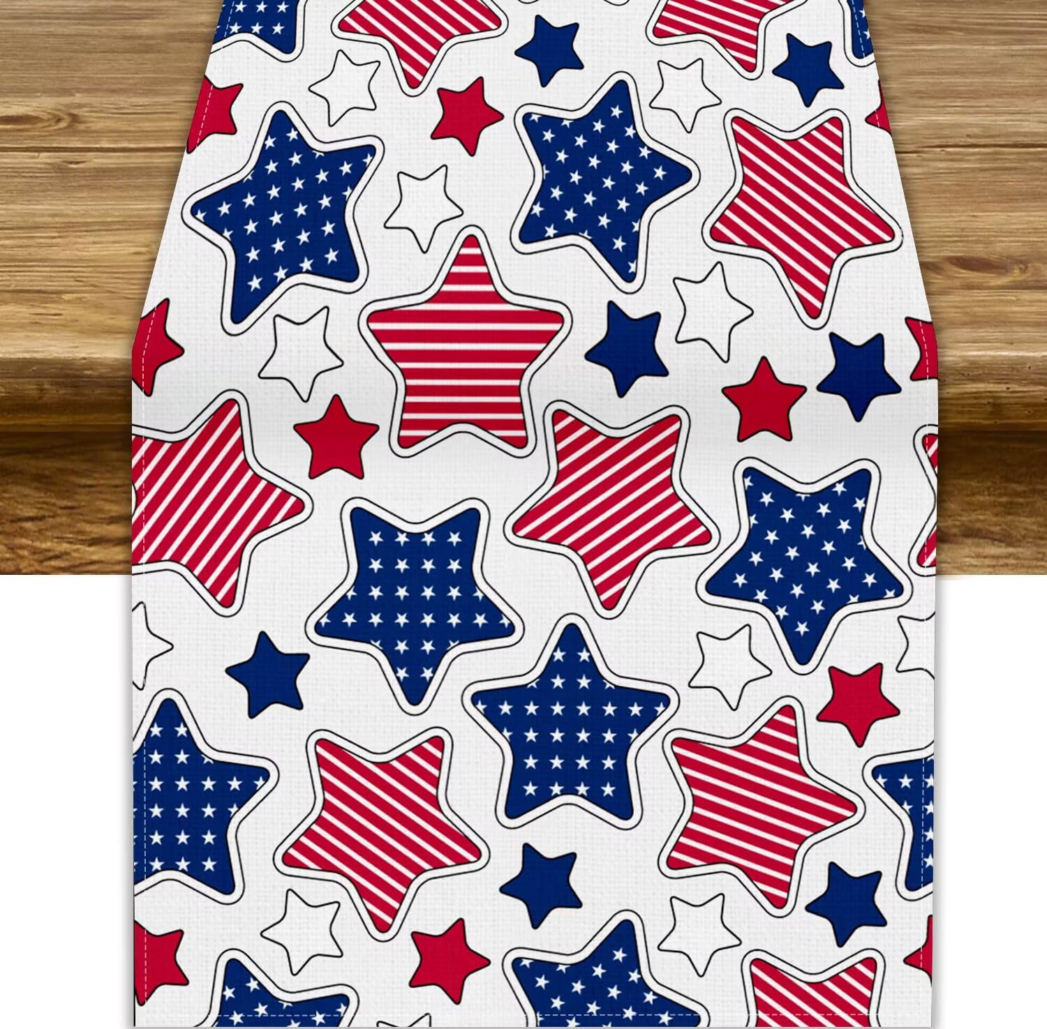 4th of July Table Runner, America Flag Stars Memorial Day Independence Day Patriotic Table Decoration for Home Kitchen Home Party Holiday Dinner Home Decor 13x70in