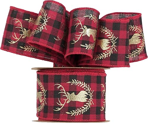 Miniatura 4 de HUIHUANG Cinta de Navidad a cuadros de renos de 2.5 pulgadas, cinta de árbol de Navidad con alambre para árbol de Navidad, coronas, lazos,