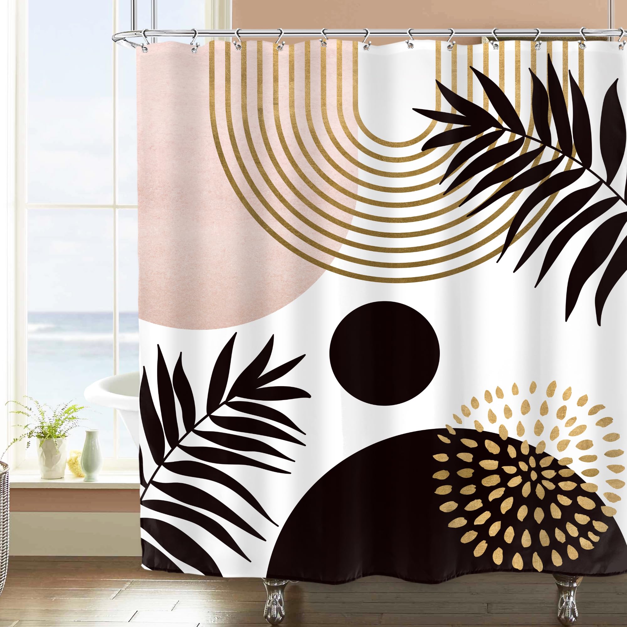 Imirell Mid Century Abstract Shower Curtain 72Wx72H Inches Boho Black Pink Gold Leaves Arch Geometric Modern Minimalist Aesthetic Botanical Girl