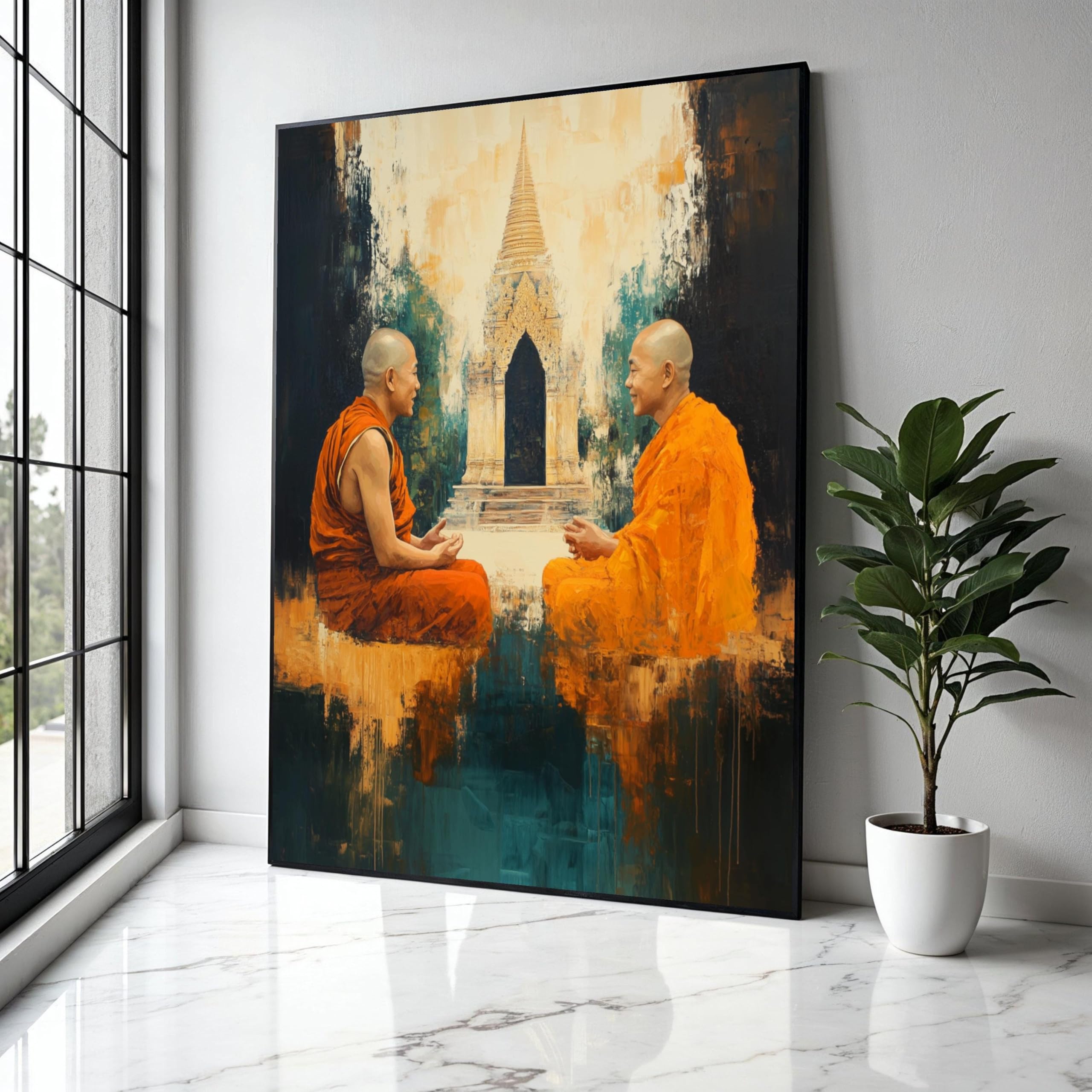 YUSUZHU Two Buddhist Monks Meditation Canvas, Temple Wall Art, Spiritual Home Decor Painting, Orange Robes Art, Print Pictures(50x70cm/Frameless)