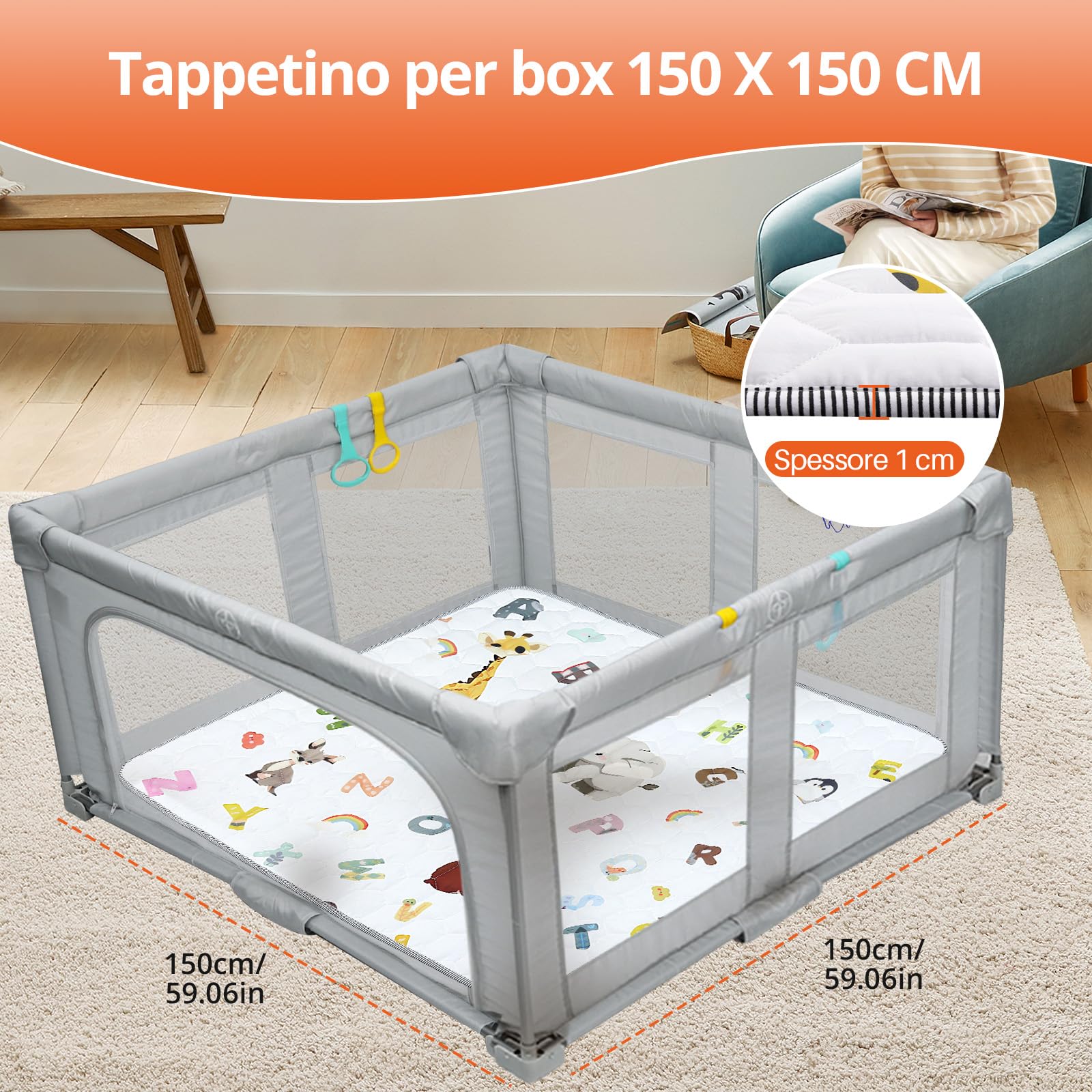 FUNYKICH Tappeto Gioco Bambini Pieghevole 150x150x1 cm,Morbido e Antiscivolo,Tappeto Neonato Gattonamento, per Camera da Letto, Soggiorno, Recinzione,Lavabile in Lavatrice