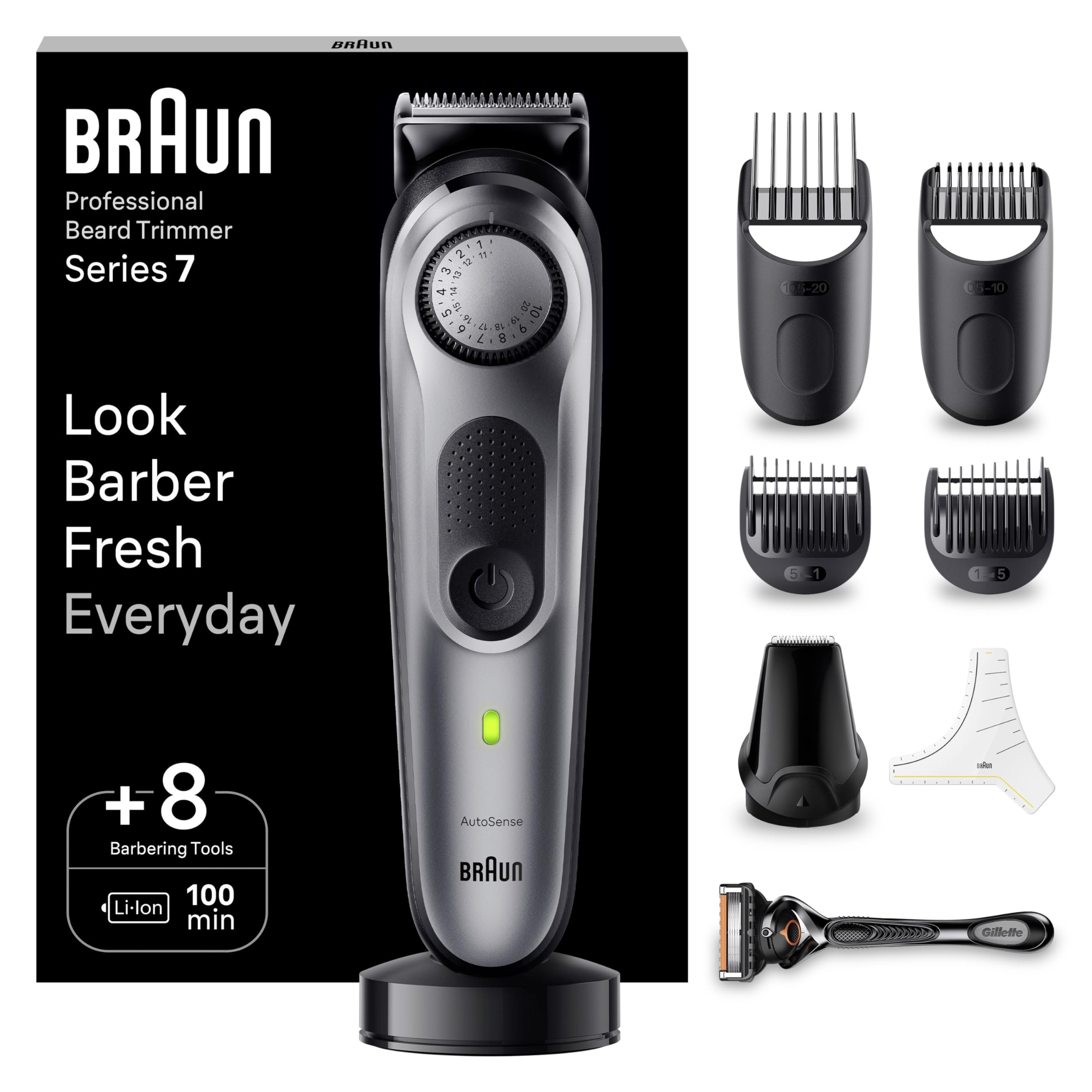 BraunBeard Trimmer Series 7 BT7420, Electric Trimmer for Men, Incl. Sharpest ProBlade, 40 Length Settings, Barber Tools, Charging Stand, Travel Case, Stencil, Rechargeable & WaterproofGreenCircle Certified: Certified Energy Savings