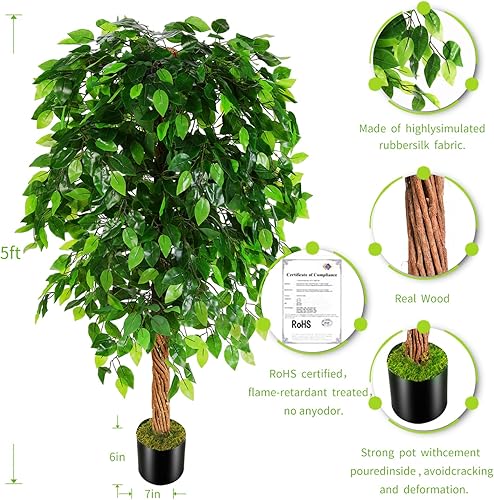 Miniatura 2 de OXLLXO Árbol artificial de seda de ficus de 5 pies (60 pulgadas) con maceta de plástico para cuarto de bebé, planta falsa para oficina, casa,