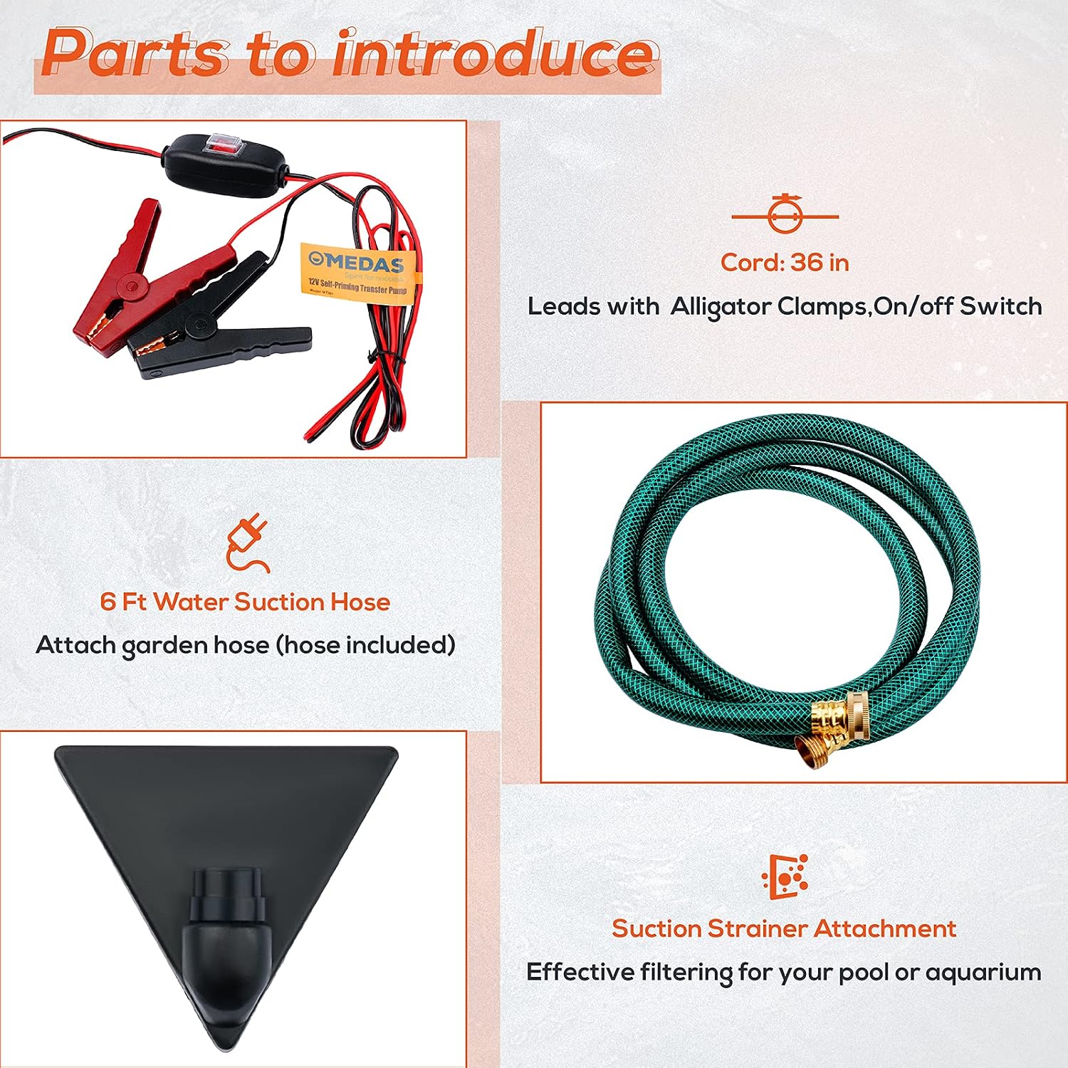 MEDAS DC 12Volt 330 GPH Portable Electric Water Transfer Removal Utility Pump With Suction Hose Kit