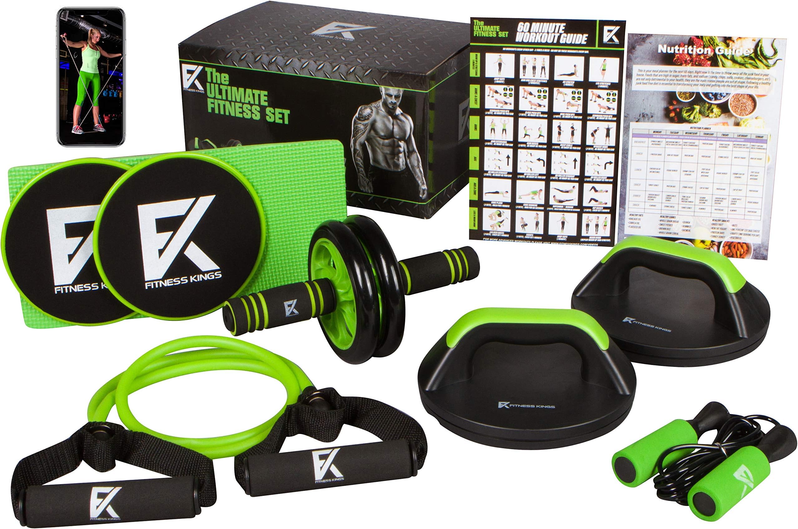The Ultimate Fitness Set - 5 in 1 Ab Roller Wheel, Rotating Push Up Bars, Core Sliders, Resistance Band, Jump Rope Home Gym Set w/Workout Program