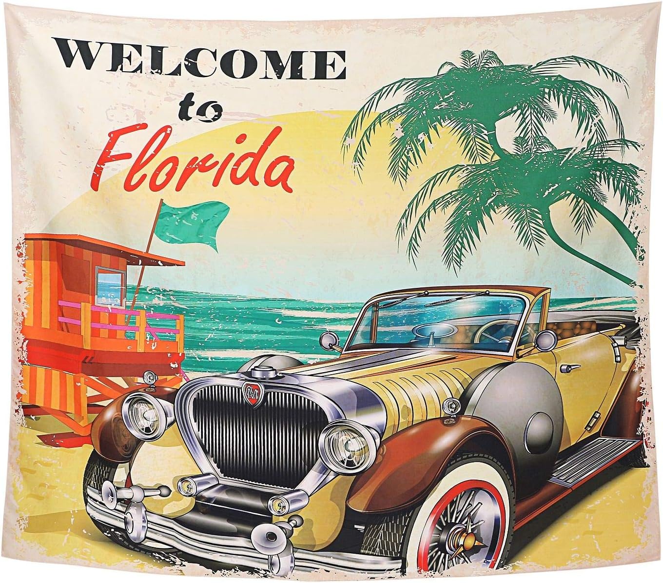 Nd タペストリー 西海岸 アメ車 ルート66 ビーチ 夕焼け アメリカ ヤシの木 カリフォルニア 海 季節 夏 太陽 テレワーク 背景 ヴィンテージ 大きい 壁 布 目隠し 部屋 飾り Zoom 映え ロゴ 写真撮影 インテリア おしゃれ デザイン4