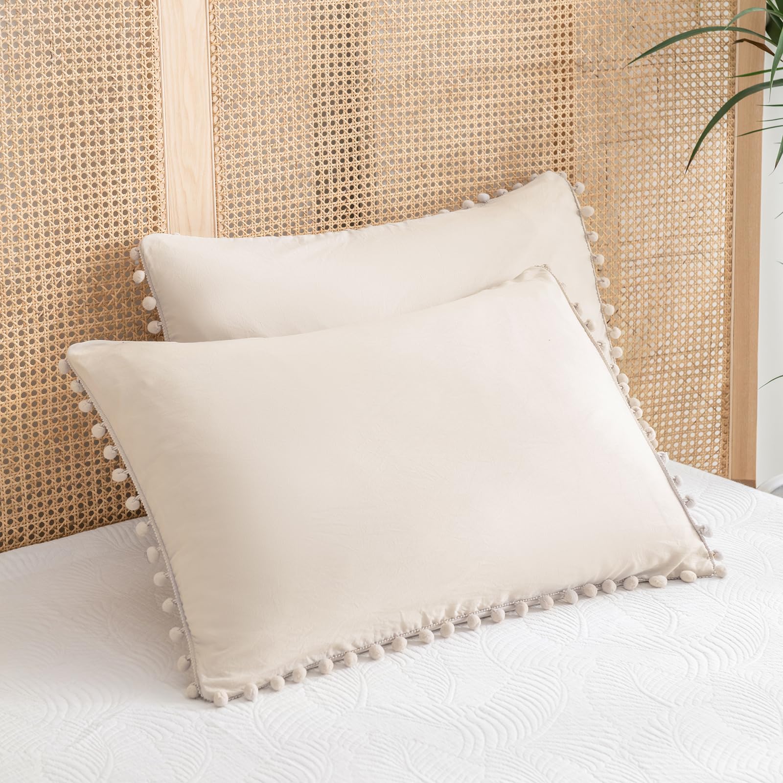 Move Over Beige Pillowcases King Size Pom Pom Pillowcases Cream Pillow Cases Set of 2 Soft Washed Microfiber Boho Pillow Covers Cute Ball Fringe
