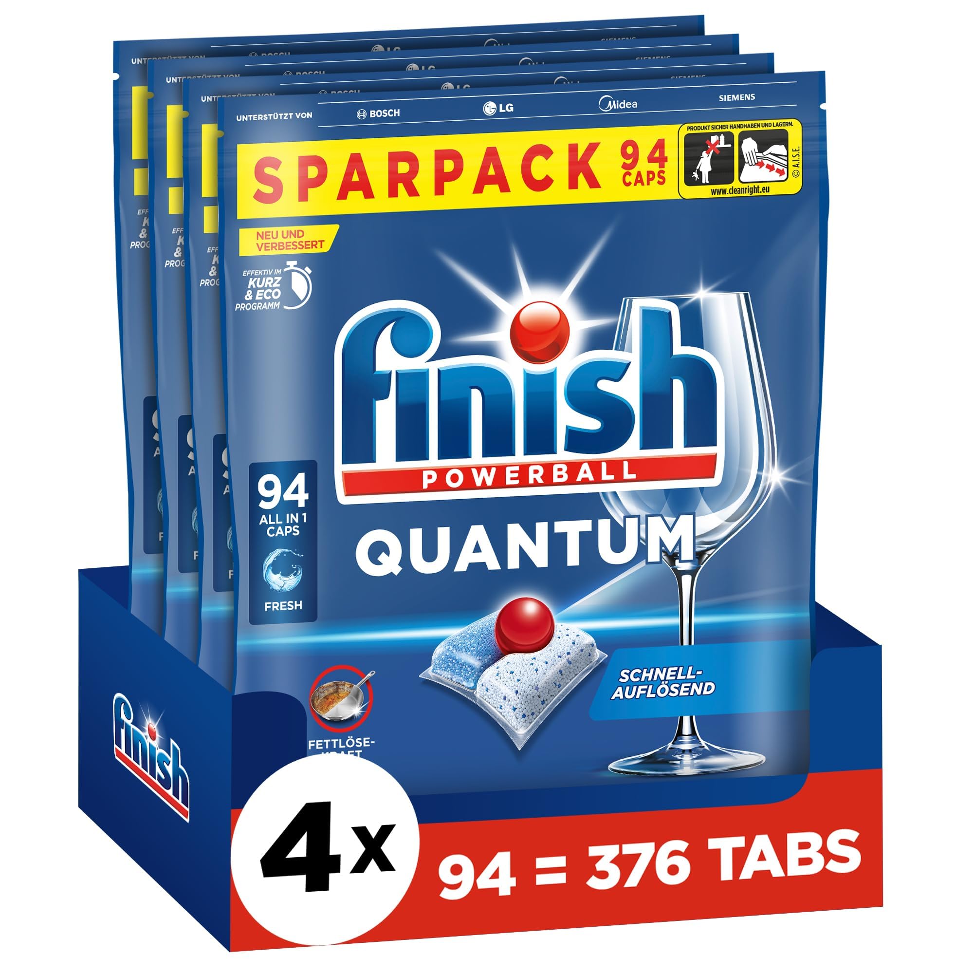 Finish Quantum Fresh Spülmaschinentabs - Geschirrspültabs für kraftvolle Reinigung, Fettlösekraft und Glanz - Sparpack mit 376 Tabs (4 x 94 Tabs)