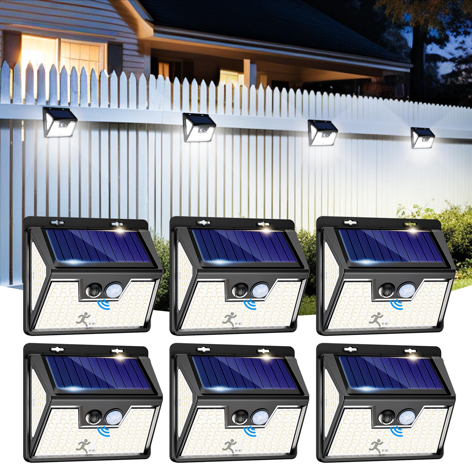 6 Pack Solar Fence Lights Outdoor, Waterproof Outside Lights with Motion Sensor (3 Modes 178LED), Bright Wireless Wall Light for Deck Yard Garden Driveway Pathway, Cold White