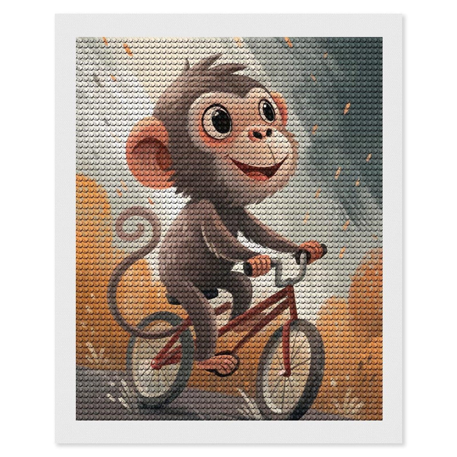 Junmoney Monkey on A Bicycle Illustration 5D Diamond Painting Kit 16"x20", Relaxing DIY, Mindful Craft Project, Full Kit Included, Thoughtful Present