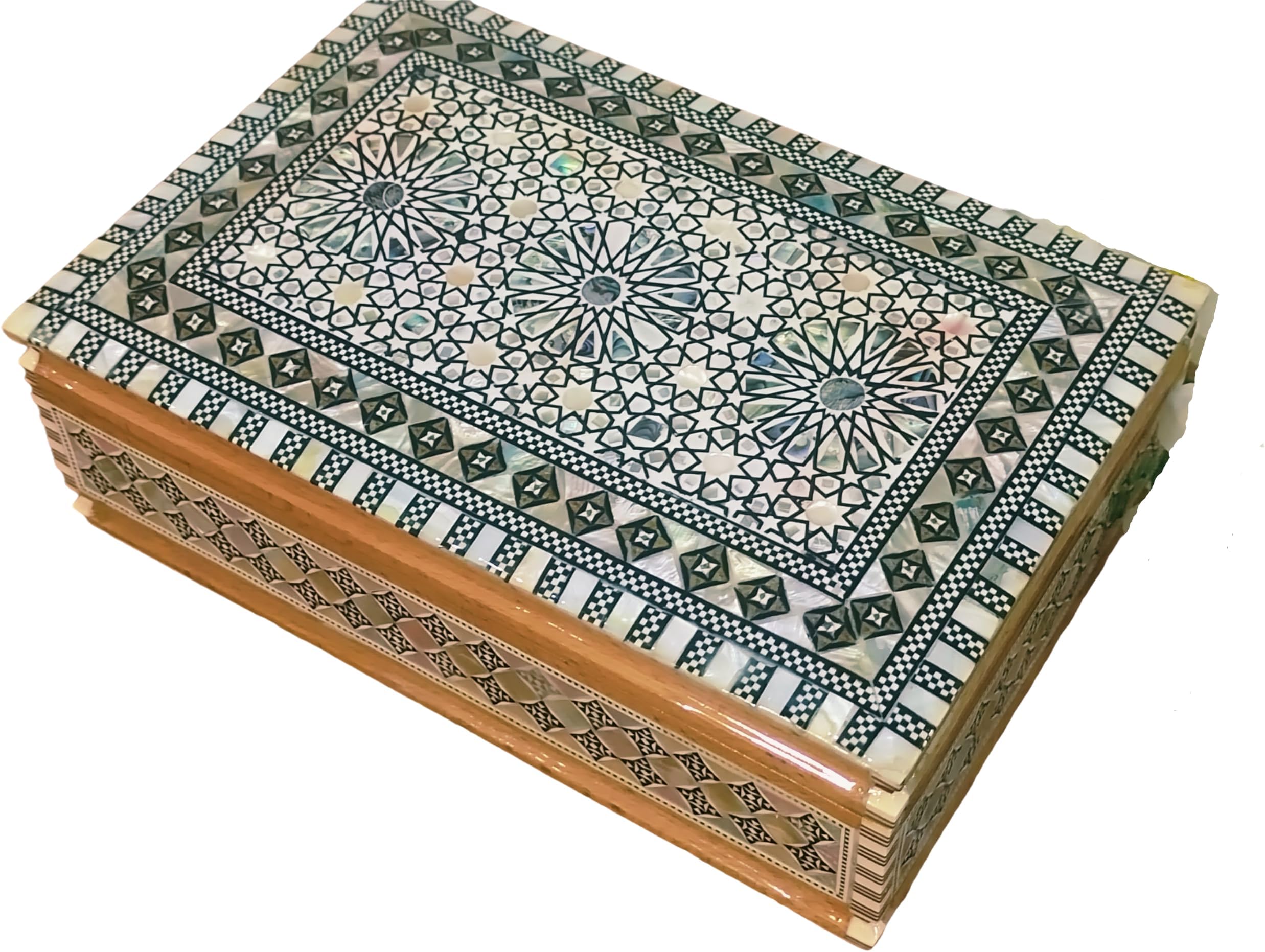 Handmade Egyptian Jewelry Box โ Mother of Pearl Inlay โ Decorative Wooden Trinket Box for Women Oriental Keepsake Storage Organizer (8.8" x 5.8" x 2.8"inch M05)