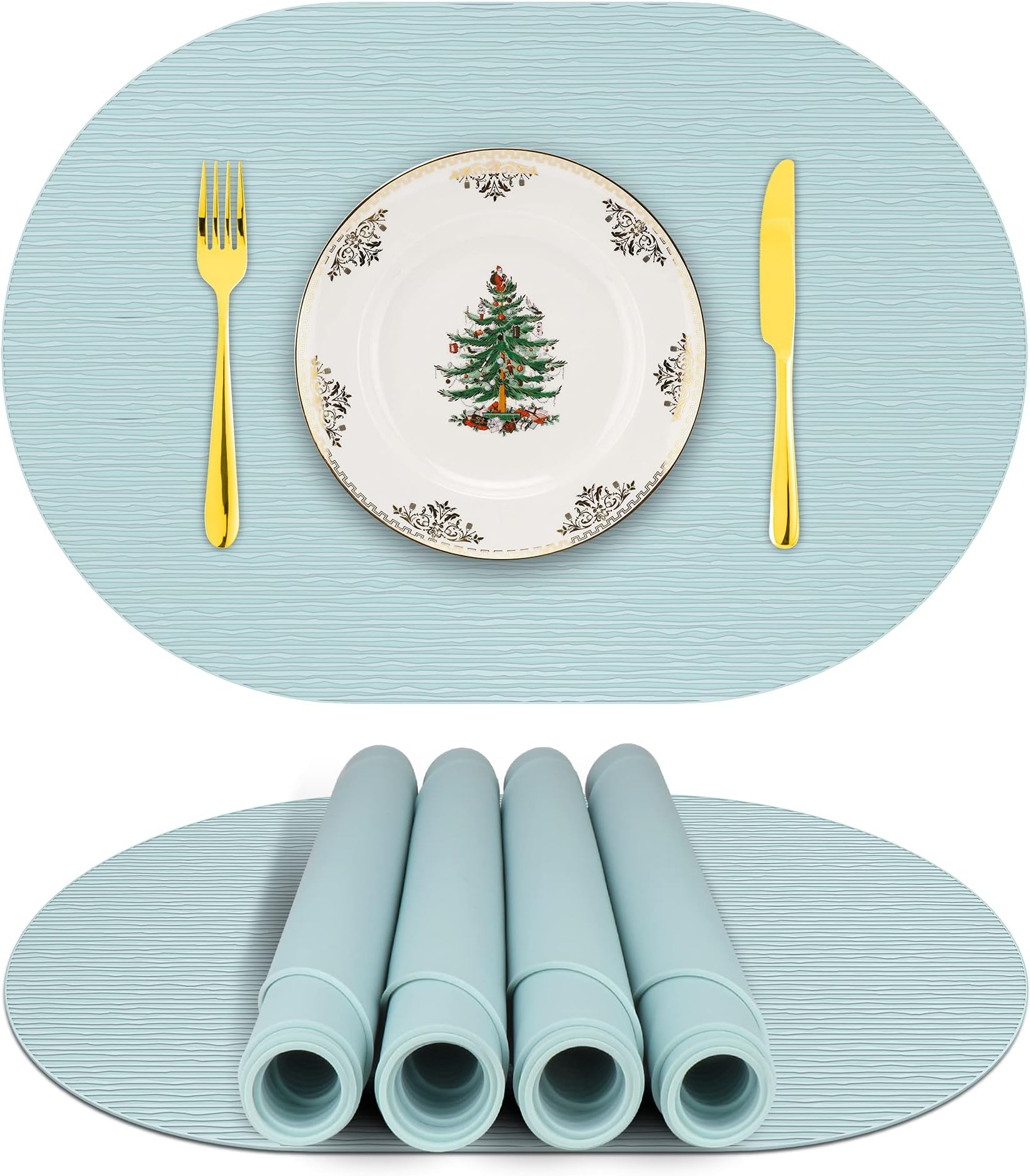 IYYI Silicone Placemats, Oval Placemats for Dining Table, Heat Resistant Waterproof Non-Slip Dishwasher Safe Kids Placemats Set of 4 (Light Blue-Oval)