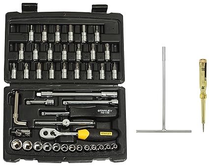 STANLEY STMT72794-8 1/4'' Square Drive Metric Socket Set (46-Pieces) & 66-119 127mm/5.5'' Spark Detecting 2-in-1 Screwdriver 3mm 100-500V AC & STMT93302-8 8mm 6 Point T Handle Socket