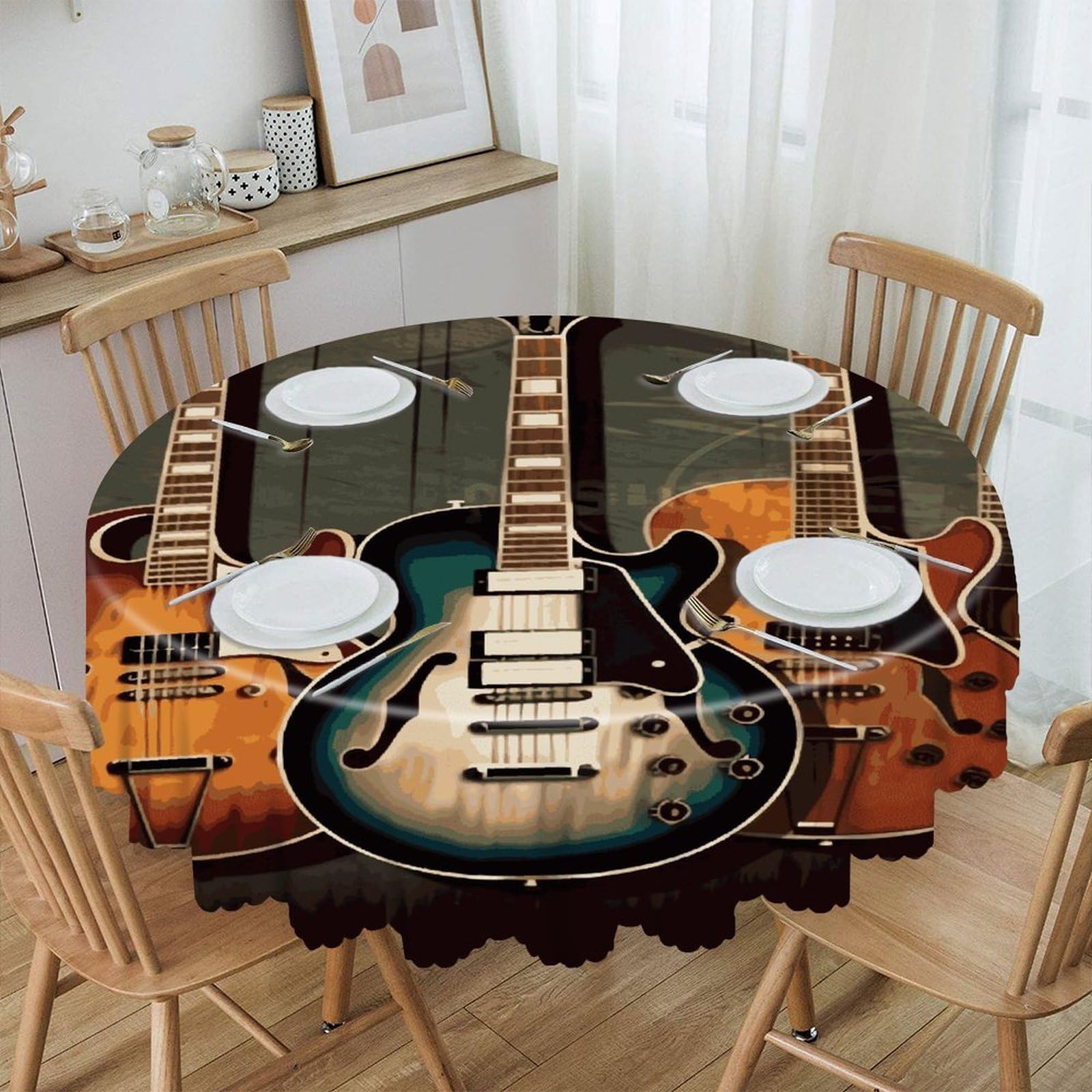 Btcowzrv Style Guitars Art Polyester Round Tablecloth 59.84 Inch, Decorative Washable Table Cover, Table Cloth For Restaurant Picnic Indoor And Outdoor Dining