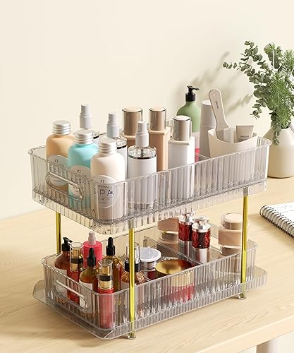 Miniatura 2 de Organizadores de maquillaje y cuidado de la piel de 2 niveles para tocador, organizador grande de perfumes, organizadores de baño extraíbles y