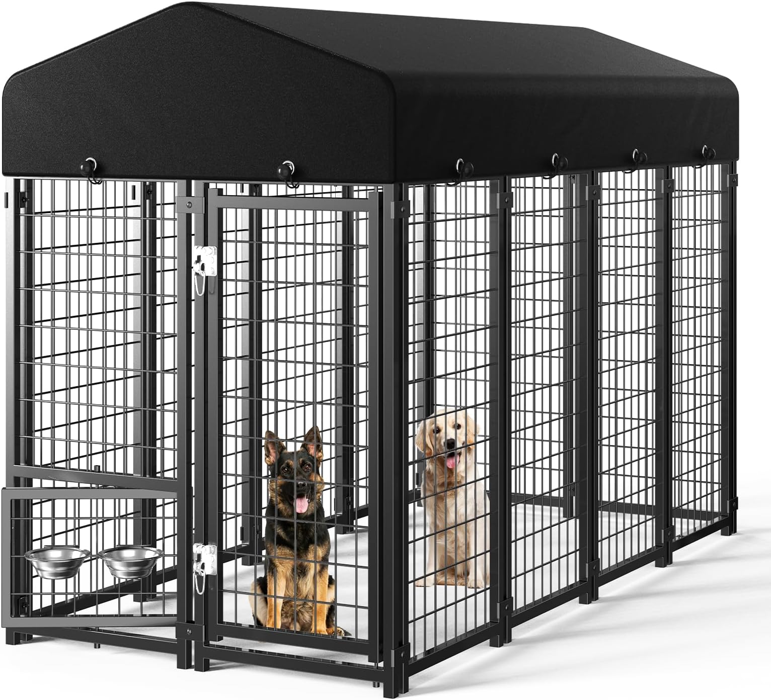 Dog Kennel Pen Outside Outdoor Dog Run with Roof, Feeders/Removable Doggy Door Allow Connecting Your Dog House- Rectangular Pet Enclosure Heavy Duty for Medium/Large Dogs (8'L x 4'W x 6'H)