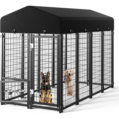 Dog Kennel Outdoor, Large Outside Dog Kennel with Roof & Swivel Feeders/Removable Doggy Door Allow Connecting Your Dog House, Heavy Duty Dog Run Pen for Medium/Large Dogs (8'L x 4'W x 6'H)