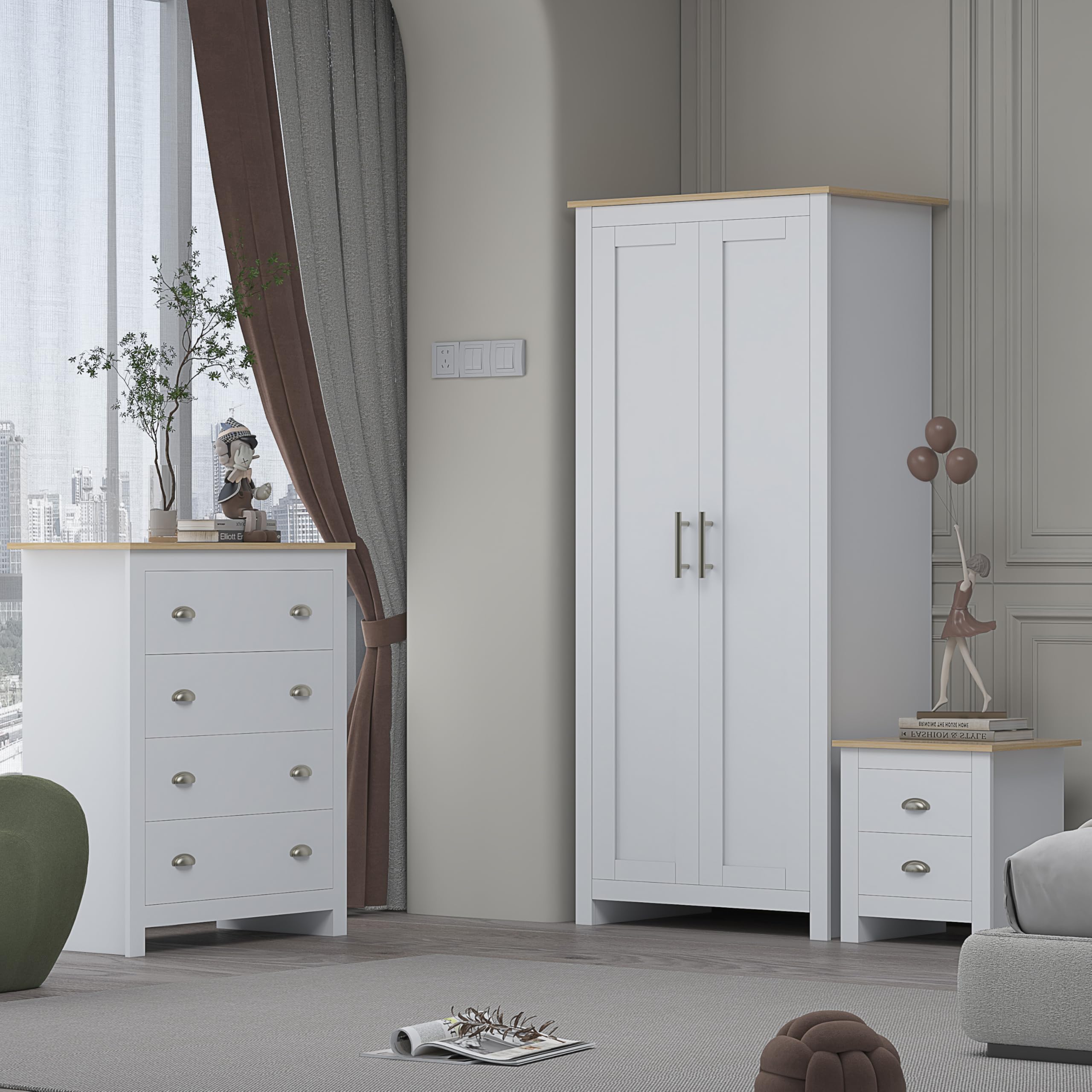 AFN Home Country Style 3 Piece Bedroom Set - Wardrobe Chest Bedside (3 Piece Set) (White on Oak)