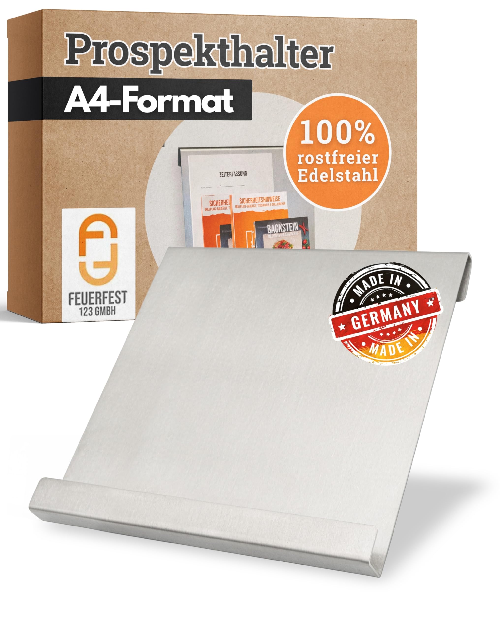 Feuerfest 123 Prospekthalter hoch A4 I Hochwertiger Zeitungshalter zum Hängen I Einfach gekanteter Wandprospekthalter aus 100% rostfreiem Edelstahl I Robuster Flyer-Ständer aus präziser Handarbeit
