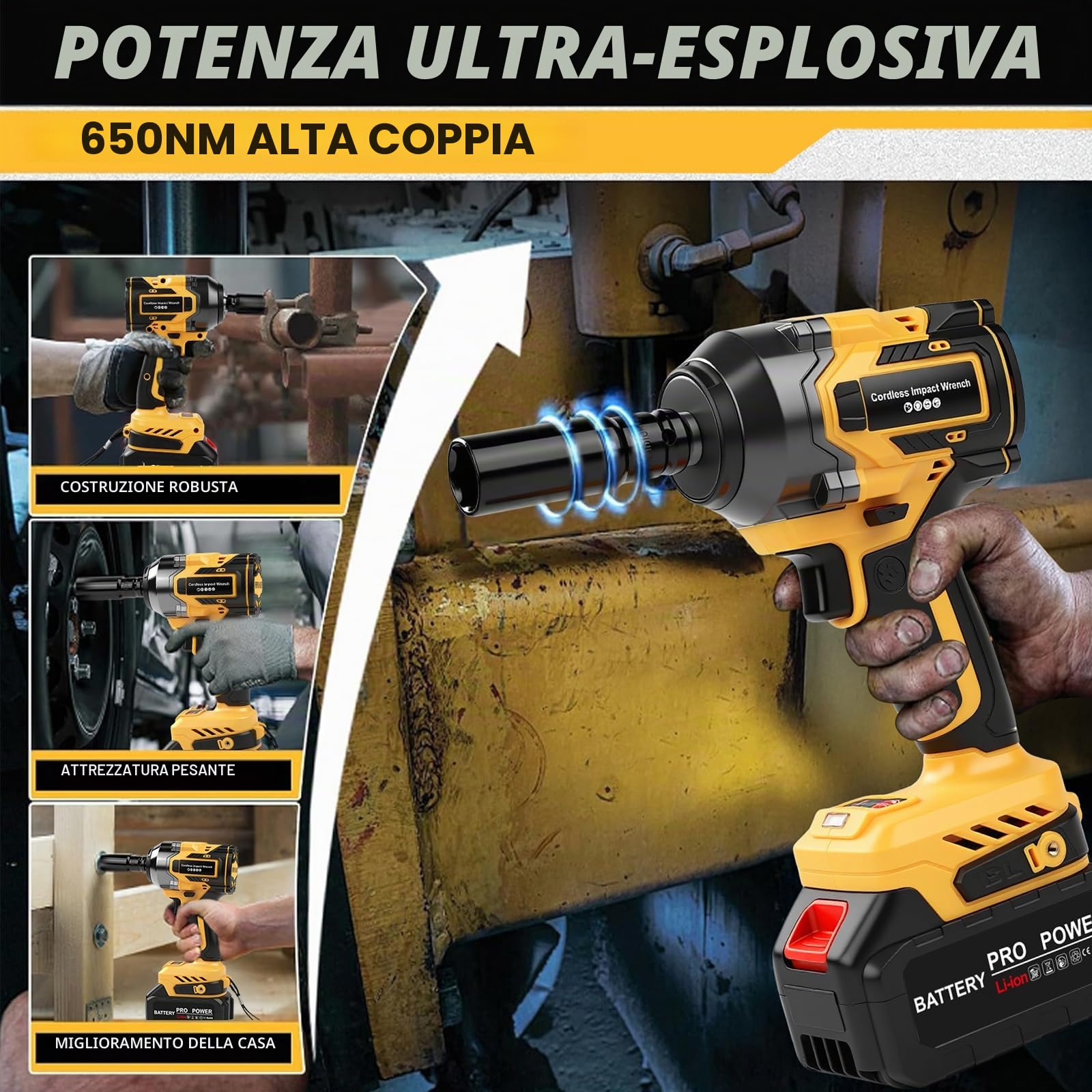 Avvitatore elettrico a percussione a batteria, 650 Nm, 21 V, con 7 bussole e 2 batterie da 4,0 Ah, per vite e dado, auto, camion, pneumatici di rimozione