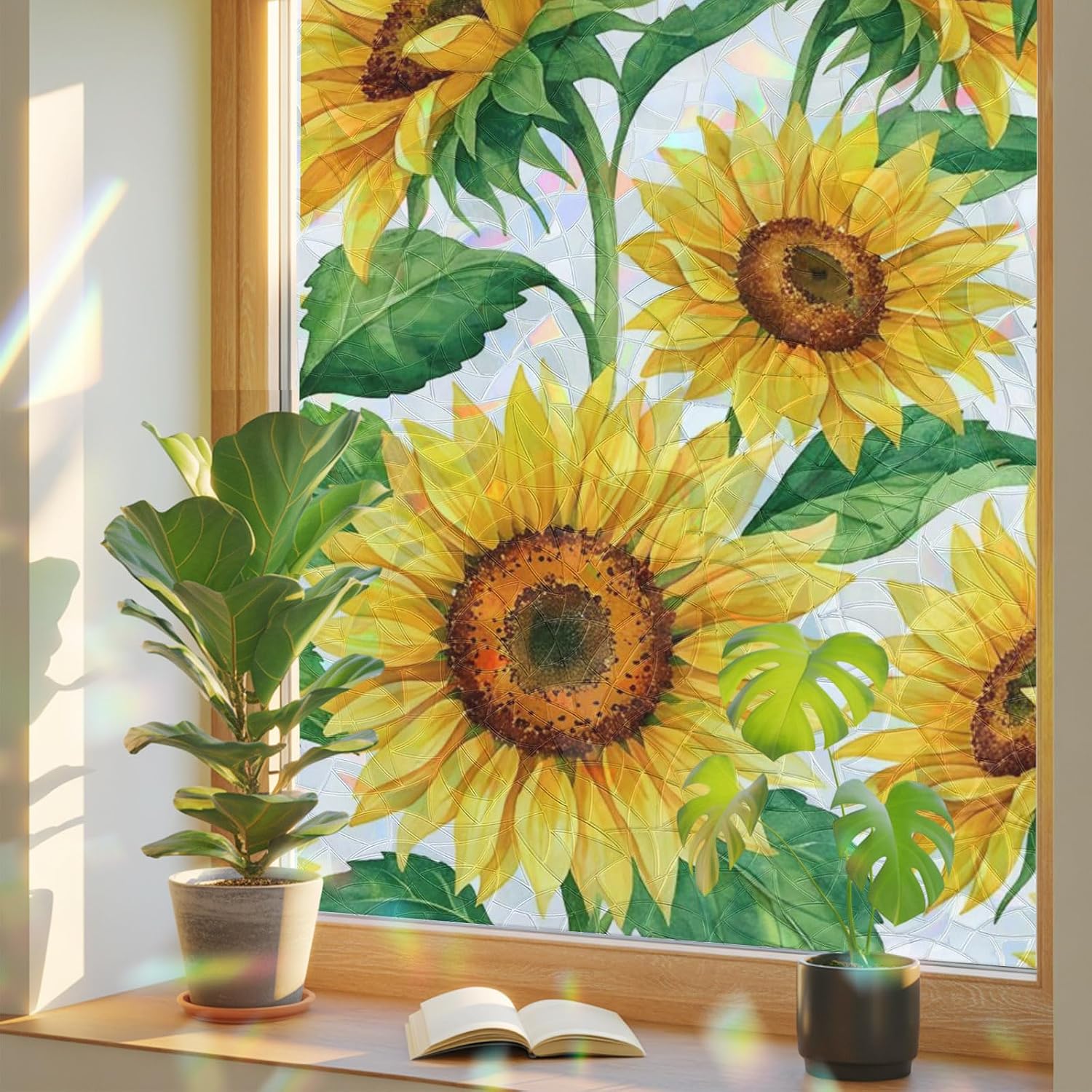 Window Privacy Film, Sunflowers Stained Glass Window Film Static Clings, Summer Farmhouse Rustic Watercolor Yellow Floral Sun Blocking Decorative Windows Covering Tint for Slide Door, 23.6" x 78.7"