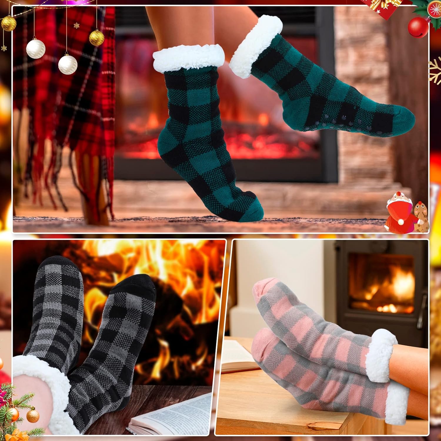 Jadive 6 Pairs Christmas Fuzzy Slipper Socks for Women with Grippers Non Slip Winter Warm Fluffy Cozy Fleece Socks